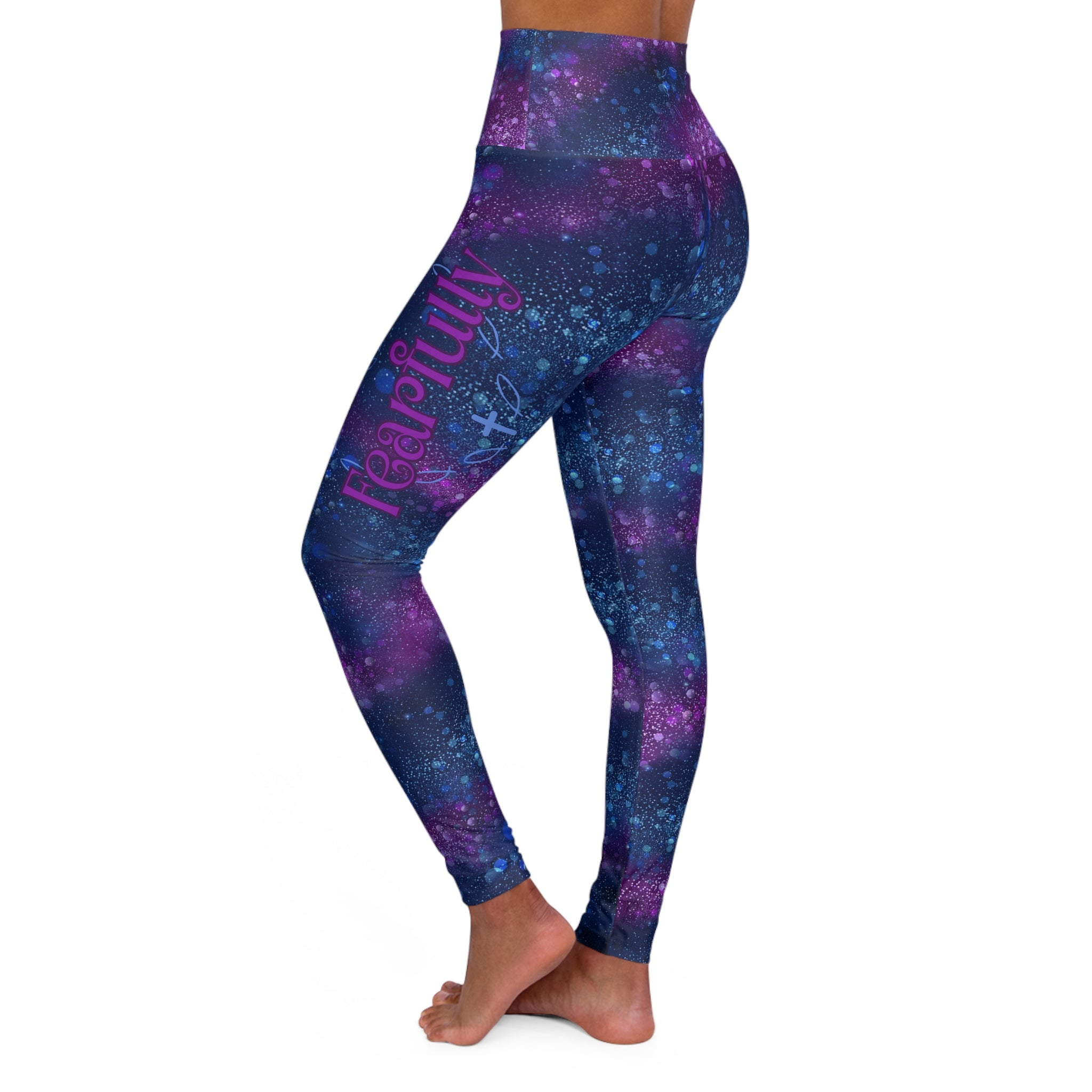 Galaxy High-Waist Christian Leggings — Purple Blue Starry Print Fearfully Wonderfully Made (Psalms 139:14)