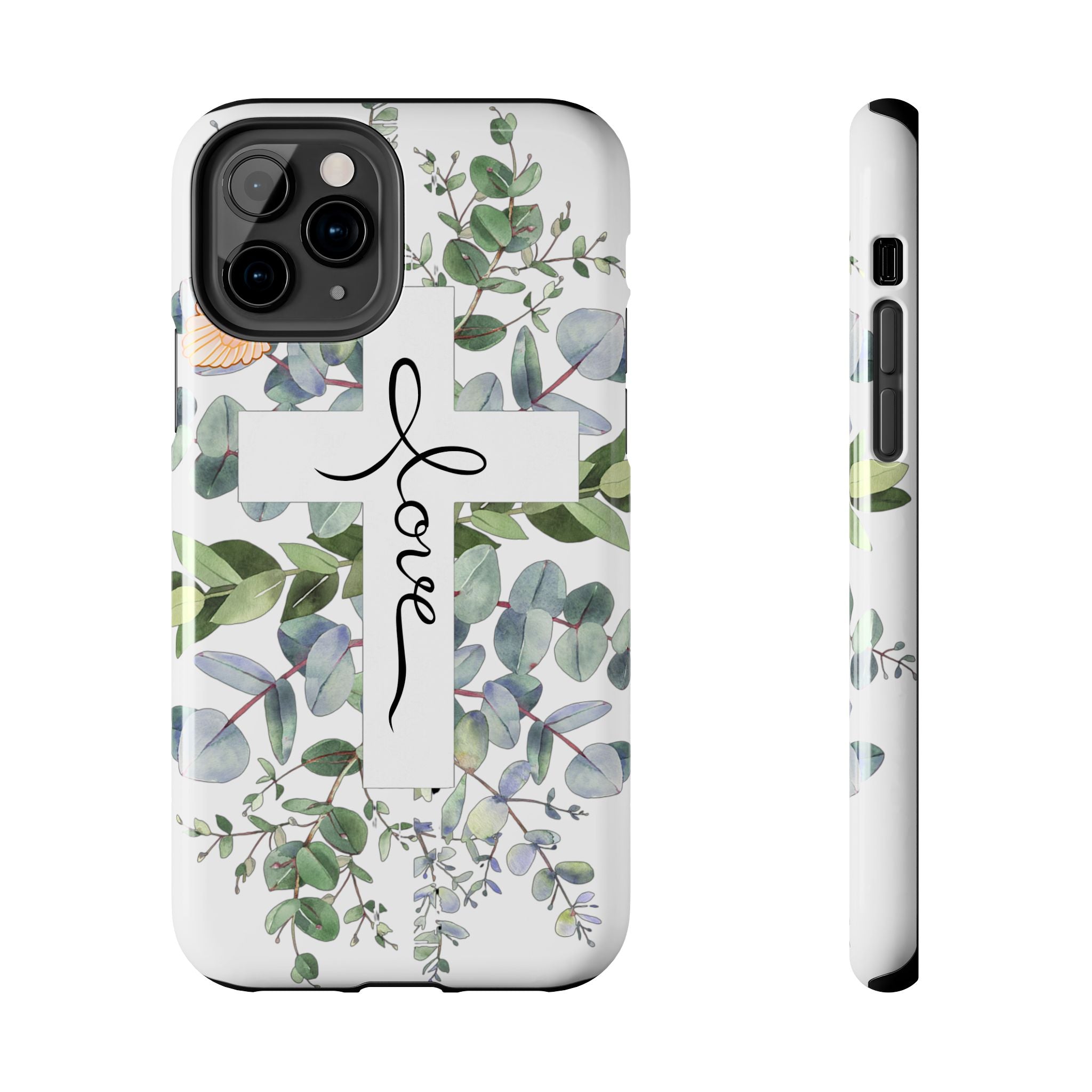 Religious Cross Tough Phone Case — Eucalyptus Floral "Love" Design