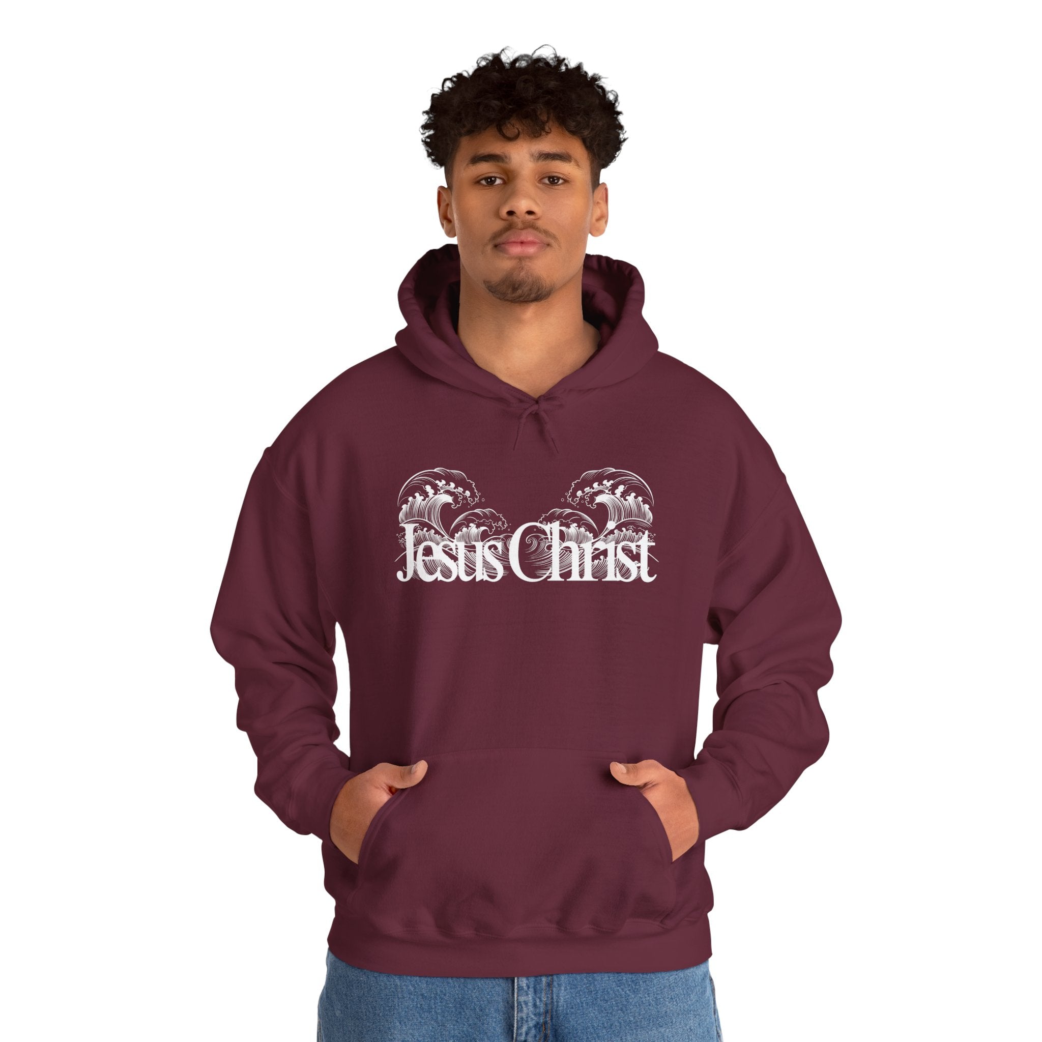 Jesus Christ Hoodie — Wave Graphic with Scripture Back (Faith-Based Christian Sweatshirt)