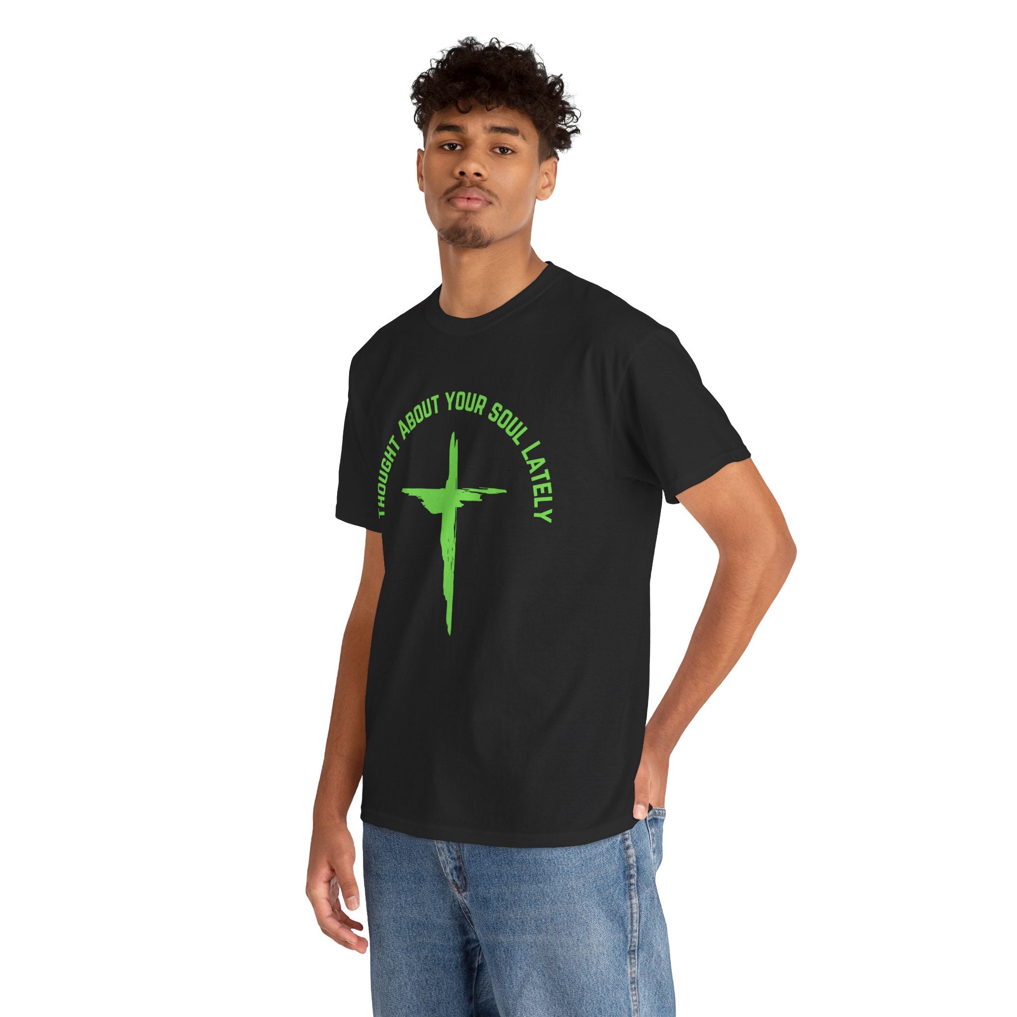 “Thought About Your Soul Lately” Cross Tee — Neon Green Spiritual Graphic T-Shirt
