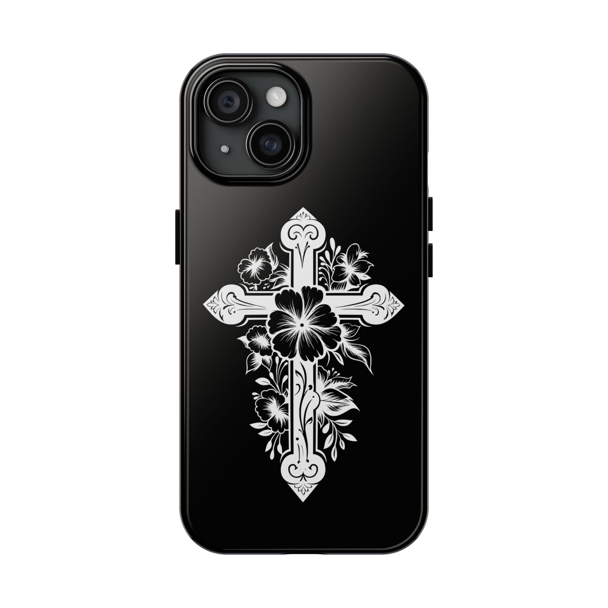 Floral Cross Tough Phone Case — Black Protective Christian Phone Cover