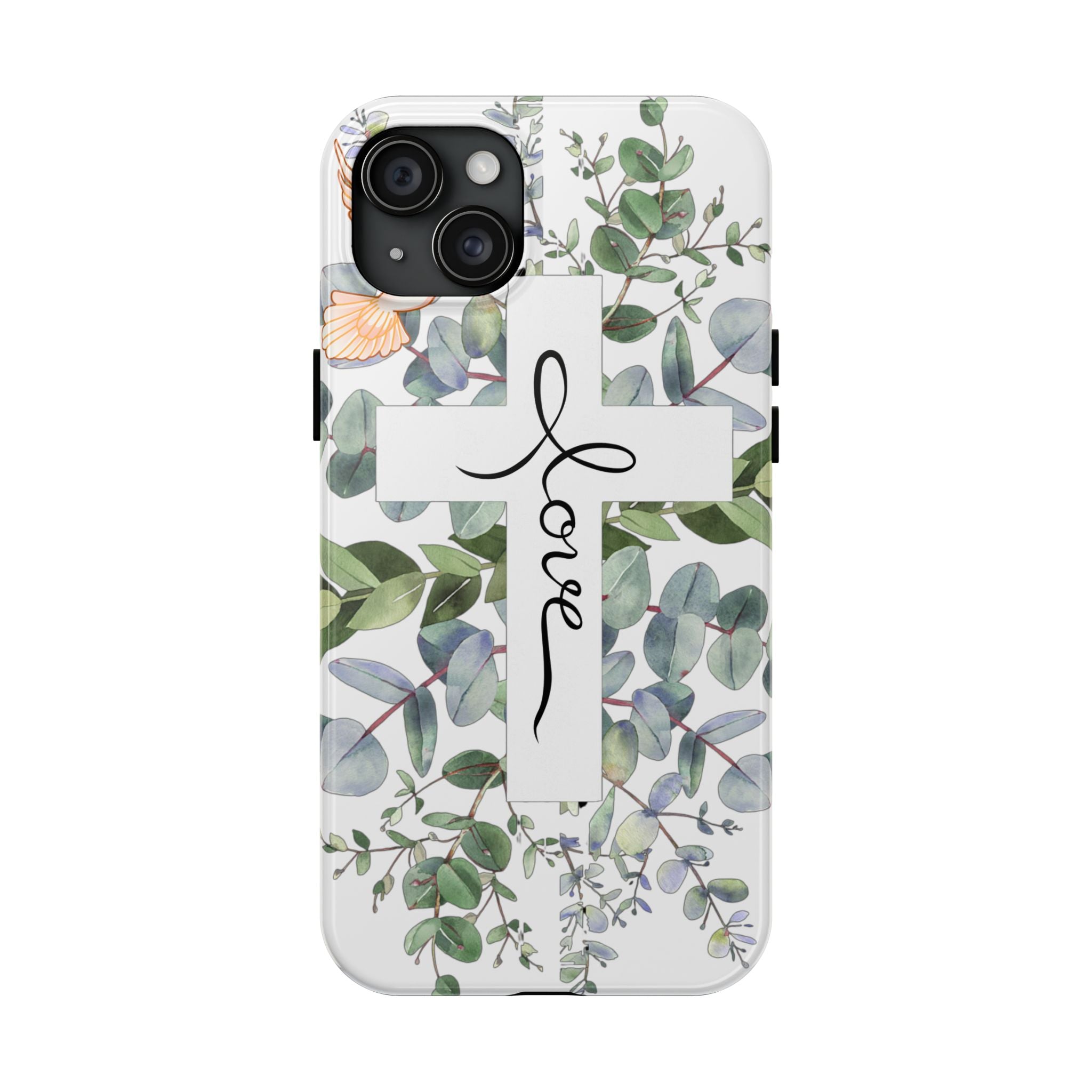 Religious Cross Tough Phone Case — Eucalyptus Floral "Love" Design