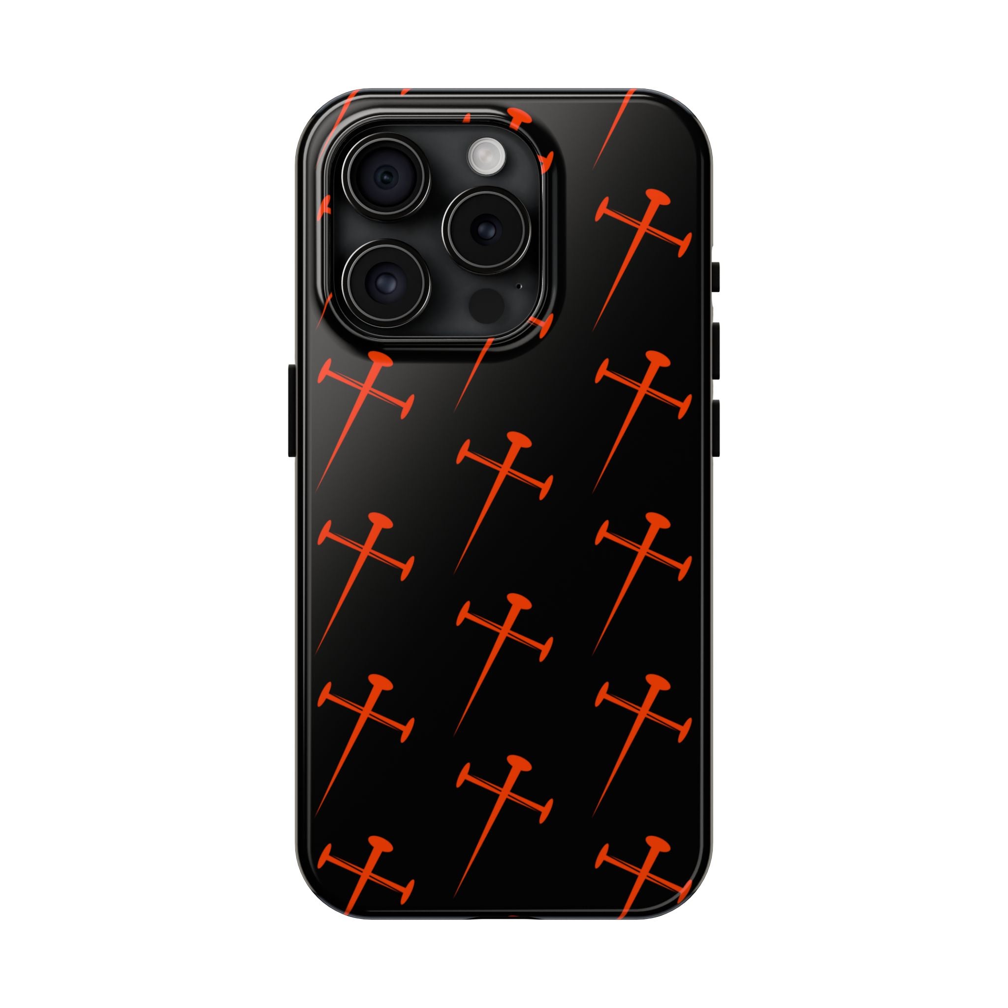 Black Tough Phone Case with Orange Nail Cross Pattern