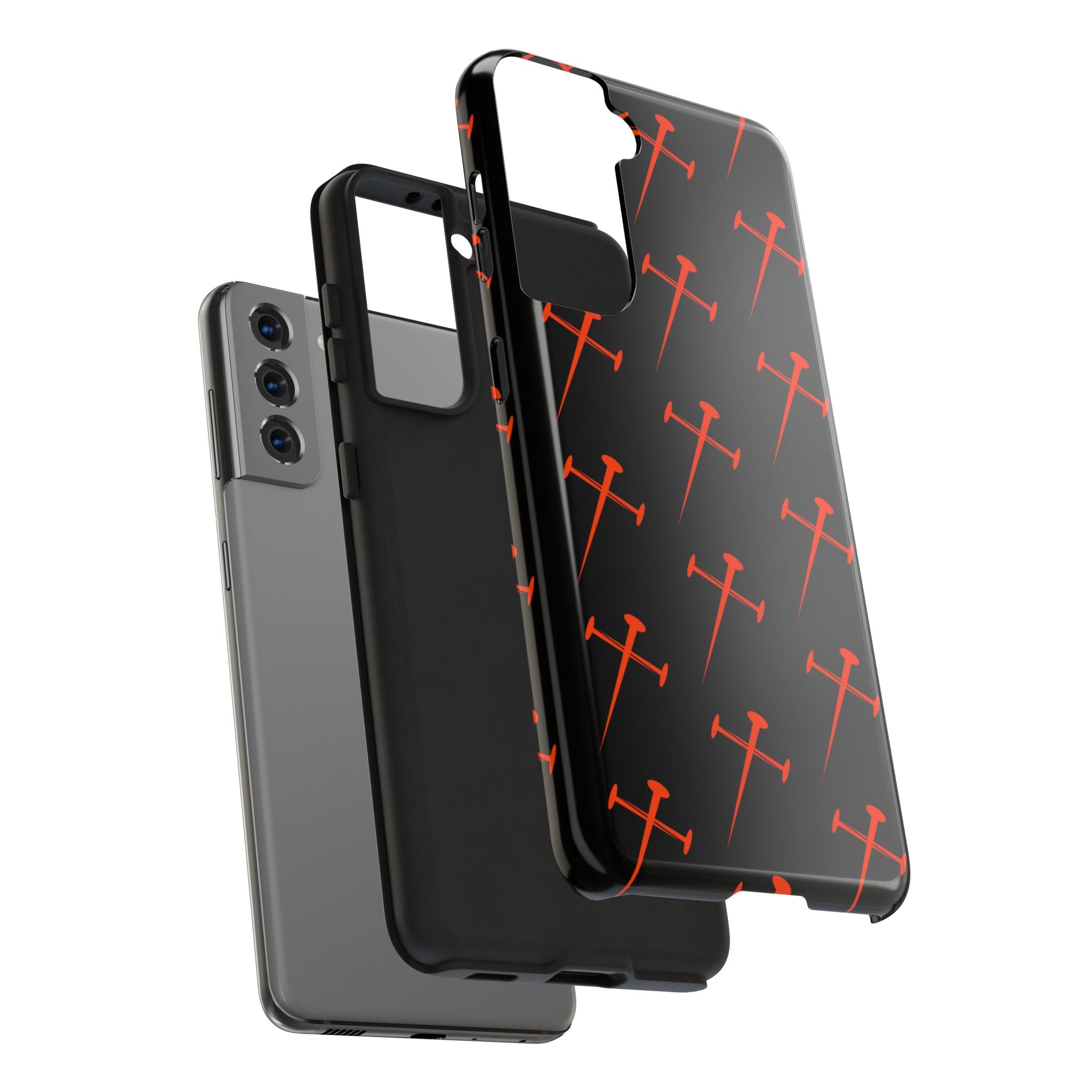 Black Tough Phone Case with Orange Nail Cross Pattern