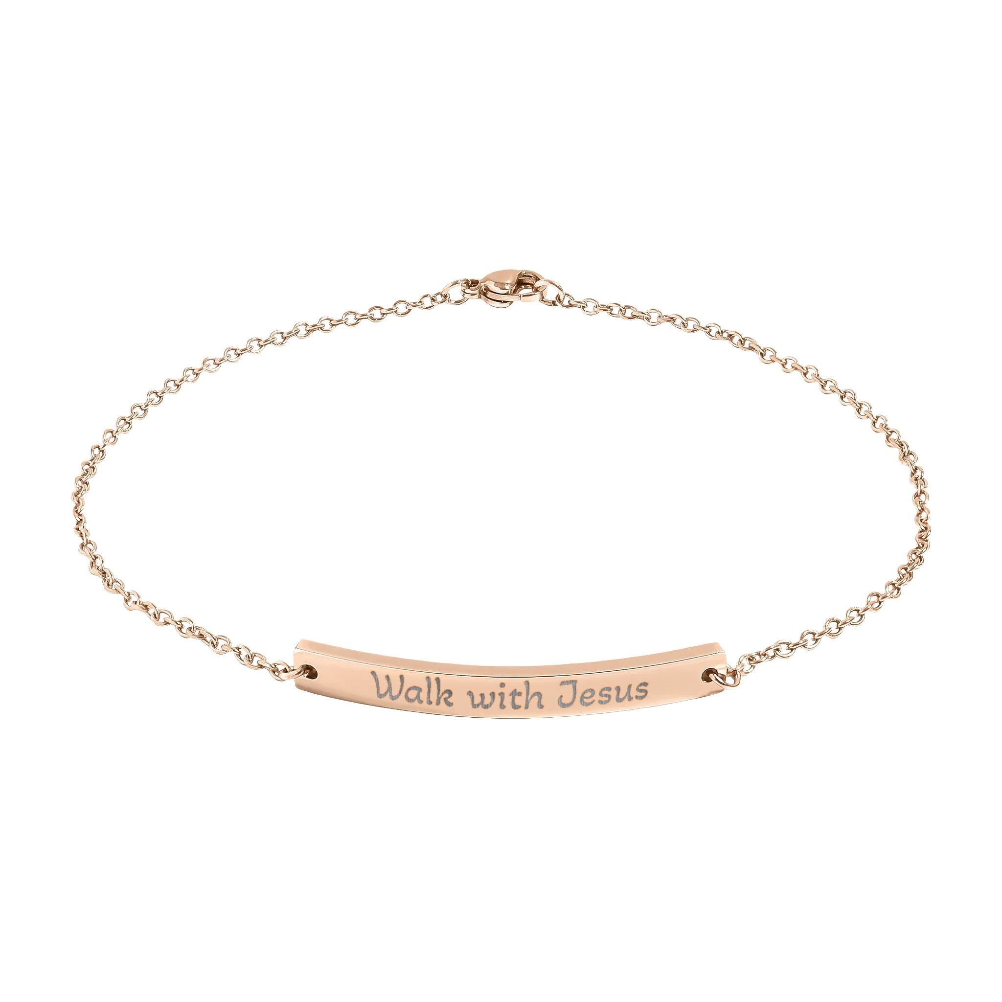 Engraved Curved Bar Anklet — "Walk with Jesus" Delicate Faith Jewelry