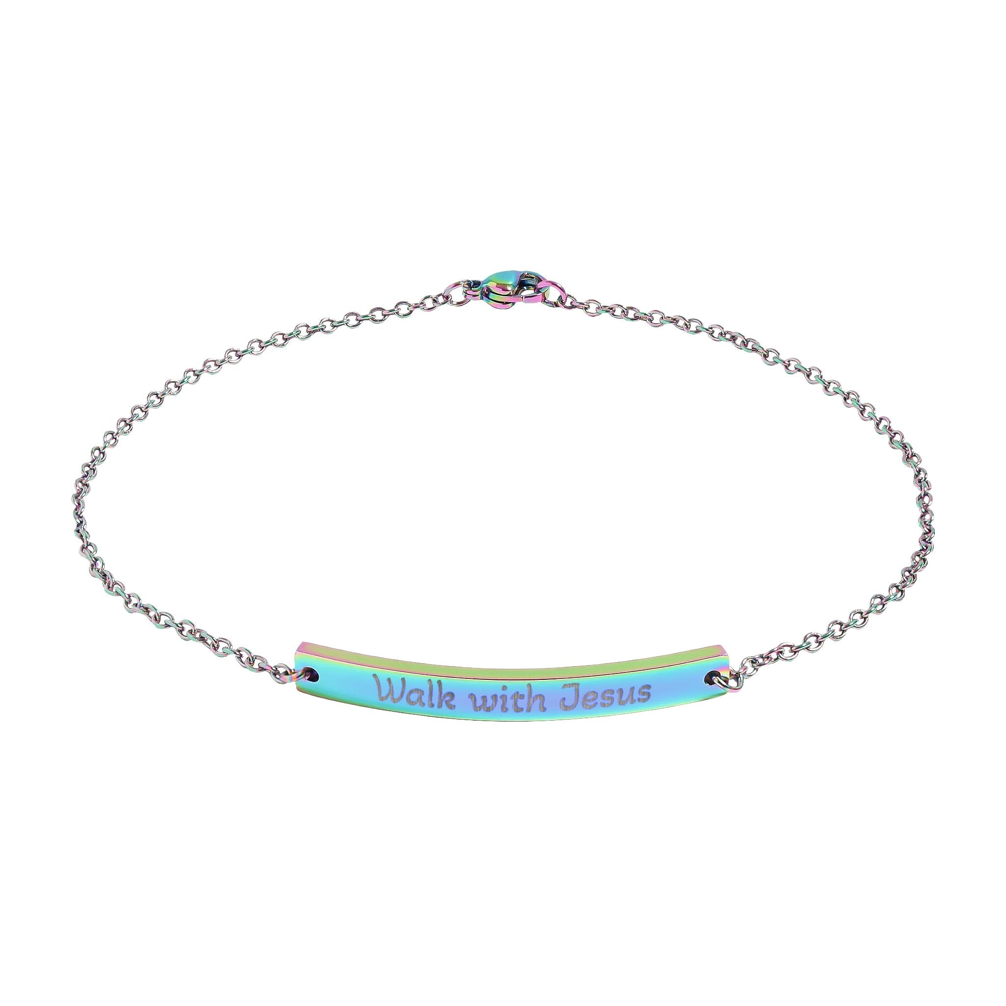 Engraved Curved Bar Anklet — "Walk with Jesus" Delicate Faith Jewelry