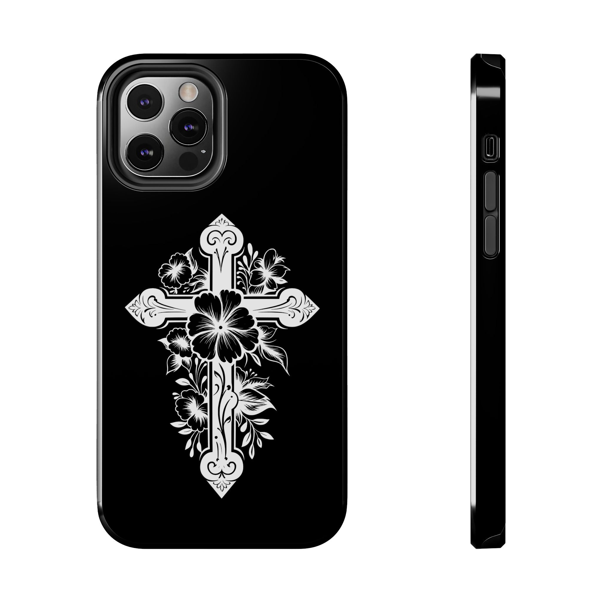 Floral Cross Tough Phone Case — Black Protective Christian Phone Cover