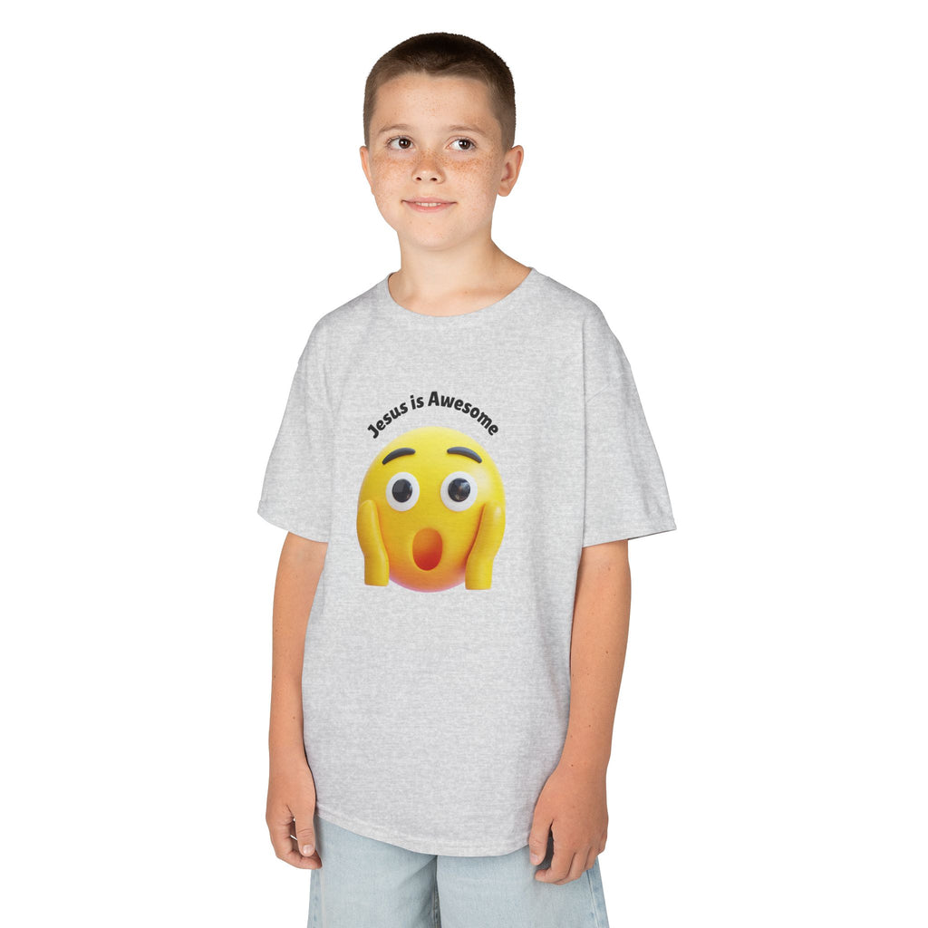 Kids T-Shirt — "Jesus Is Awesome" Surprised Emoji Graphic
