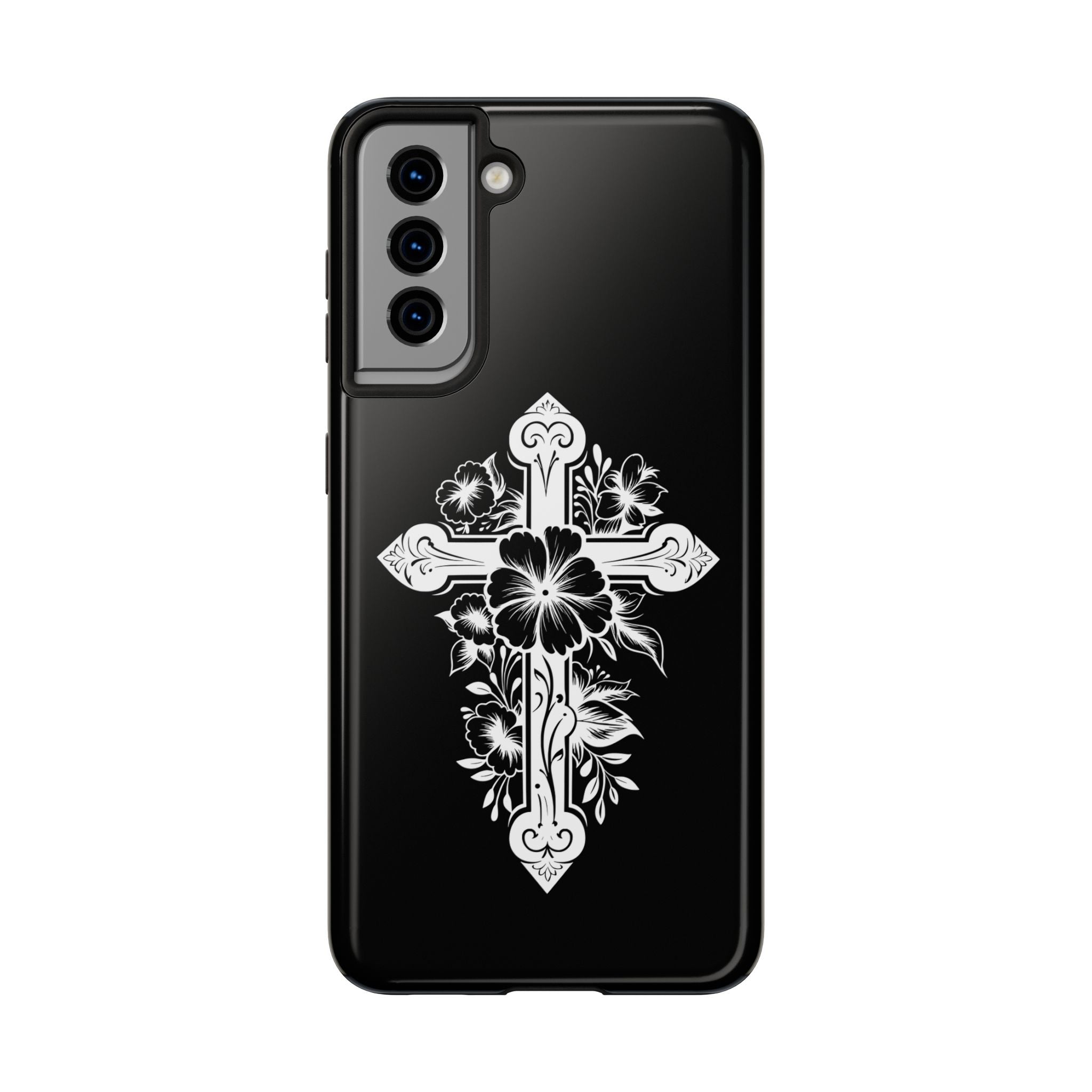 Floral Cross Tough Phone Case — Black Protective Christian Phone Cover