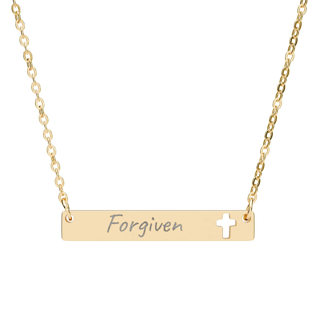 Forgiven Cutout Cross Bar Necklace — Engraved Christian Pendant