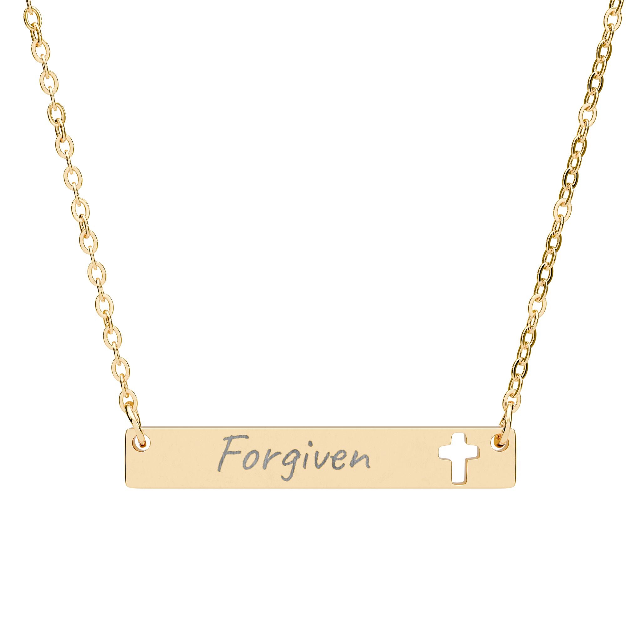 Forgiven Cutout Cross Bar Necklace — Engraved Christian Pendant