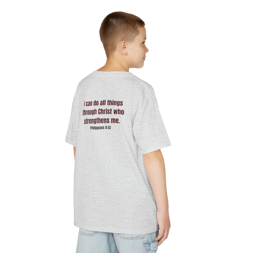 Kids Tee — "Strong" Muscle Graphic with Philippians 4:13 Back (Christian Inspirational)