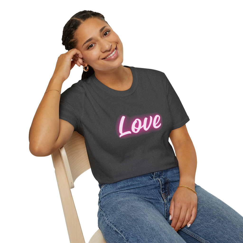 Love Script T-Shirt — Pink Neon "Love" Graphic with Scripture Back