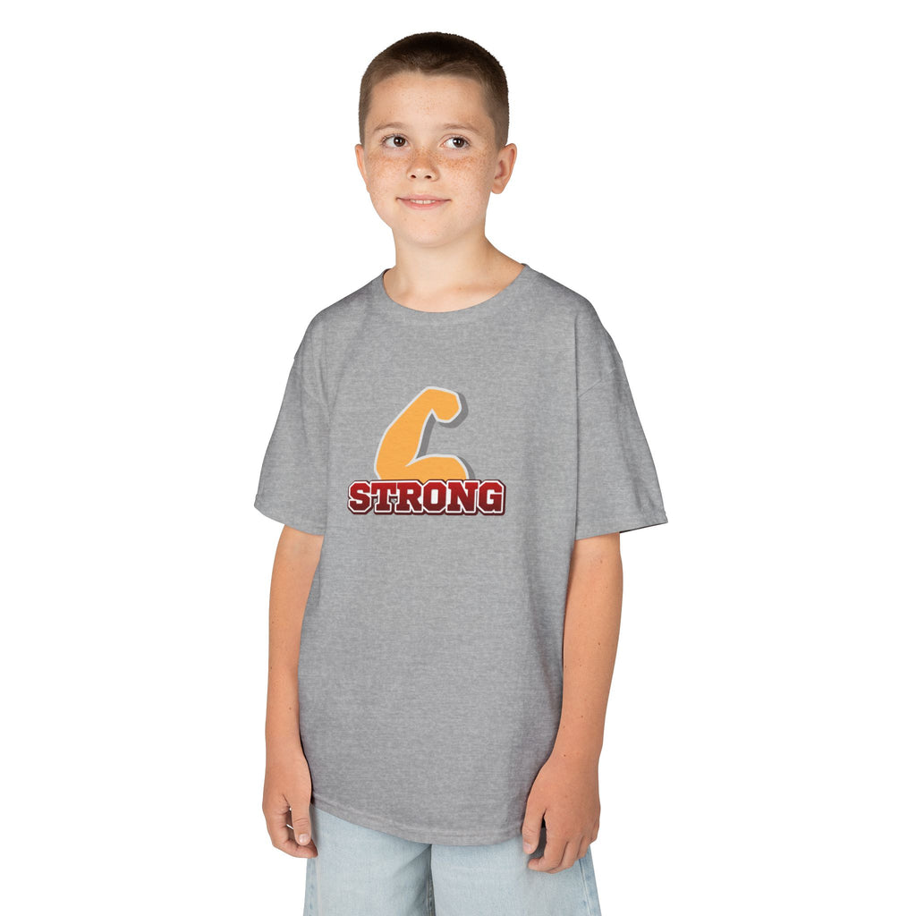 Kids Tee — "Strong" Muscle Graphic with Philippians 4:13 Back (Christian Inspirational)