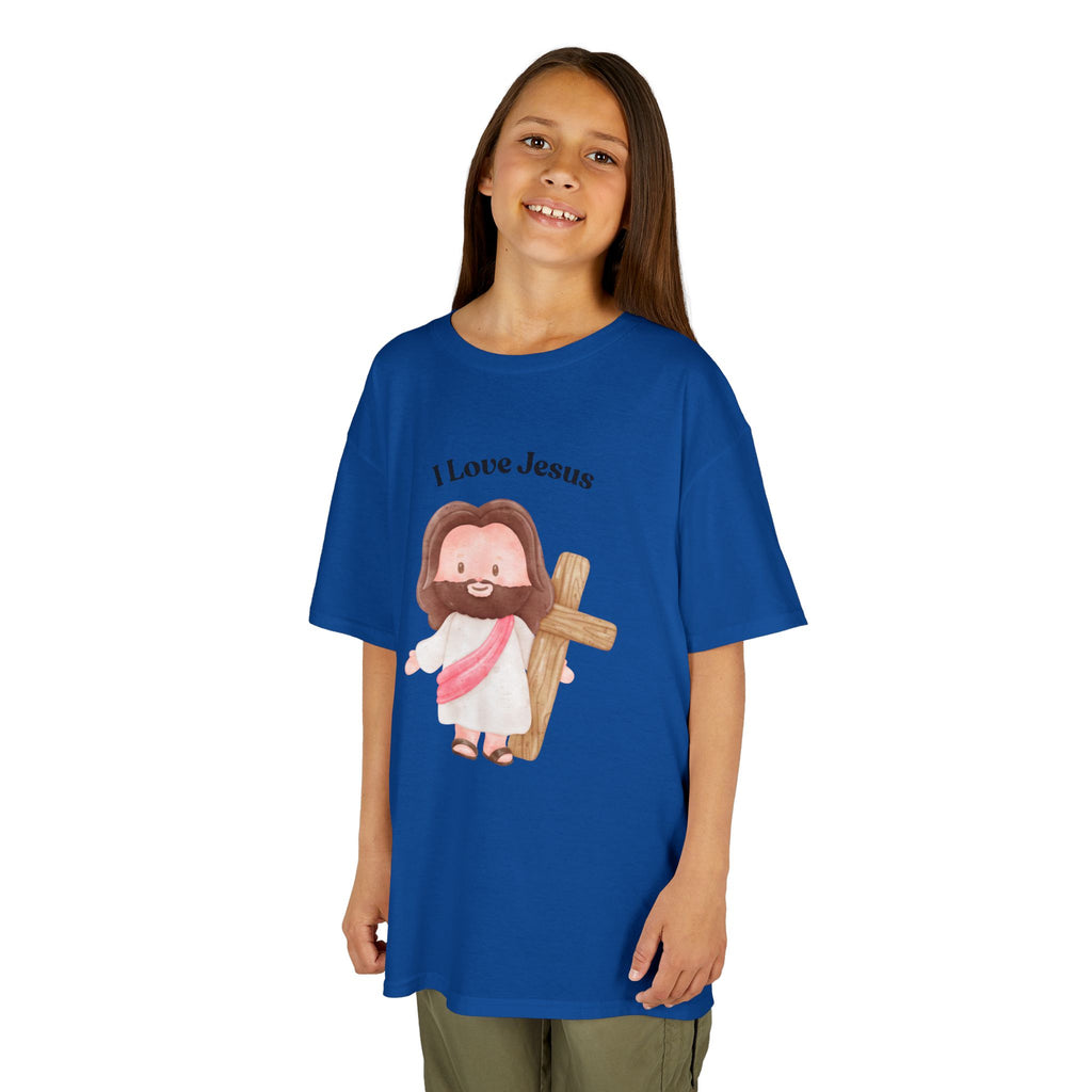 Kids T-Shirt — Cute "I Love Jesus" Cartoon Jesus Holding Cross — Christian Easter Gift for Children