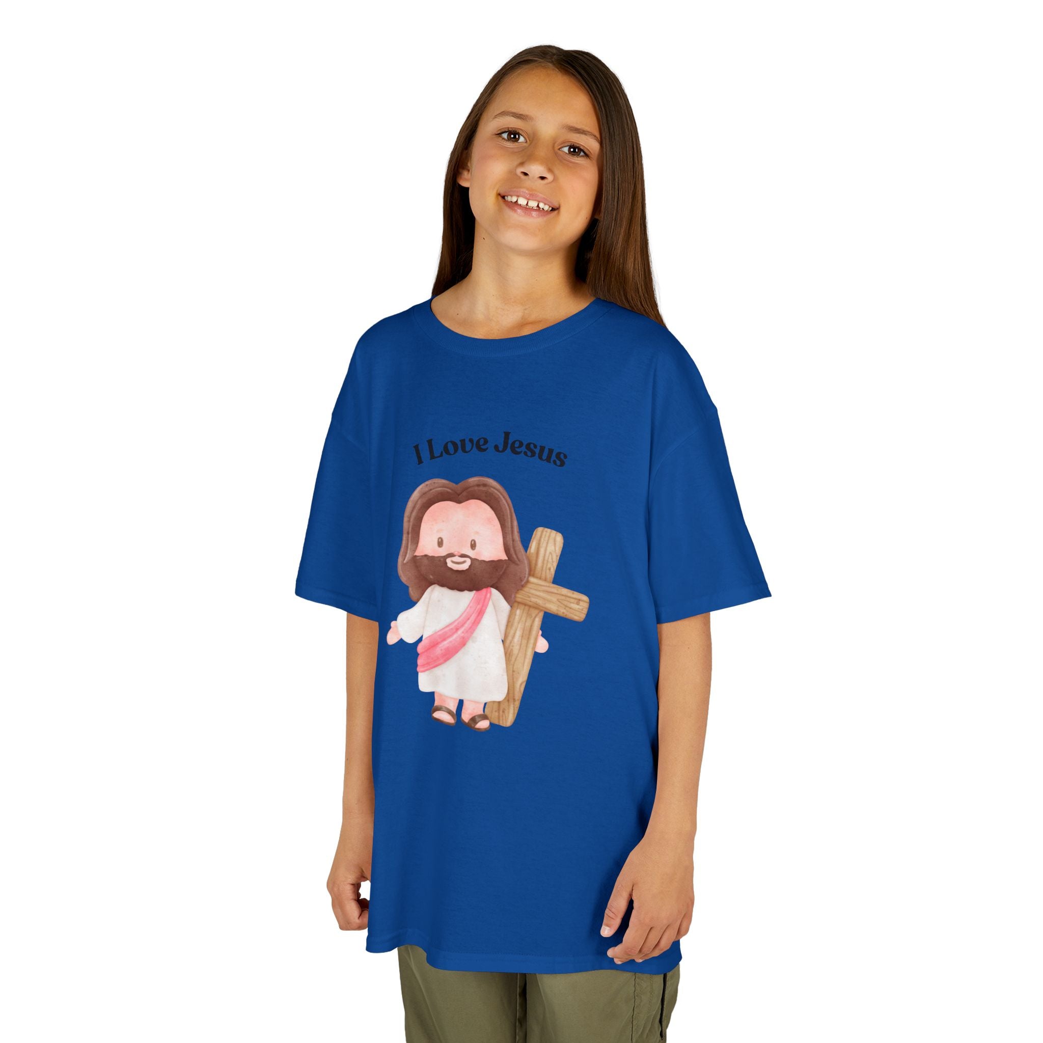 Kids T-Shirt — Cute "I Love Jesus" Cartoon Jesus Holding Cross — Christian Easter Gift for Children