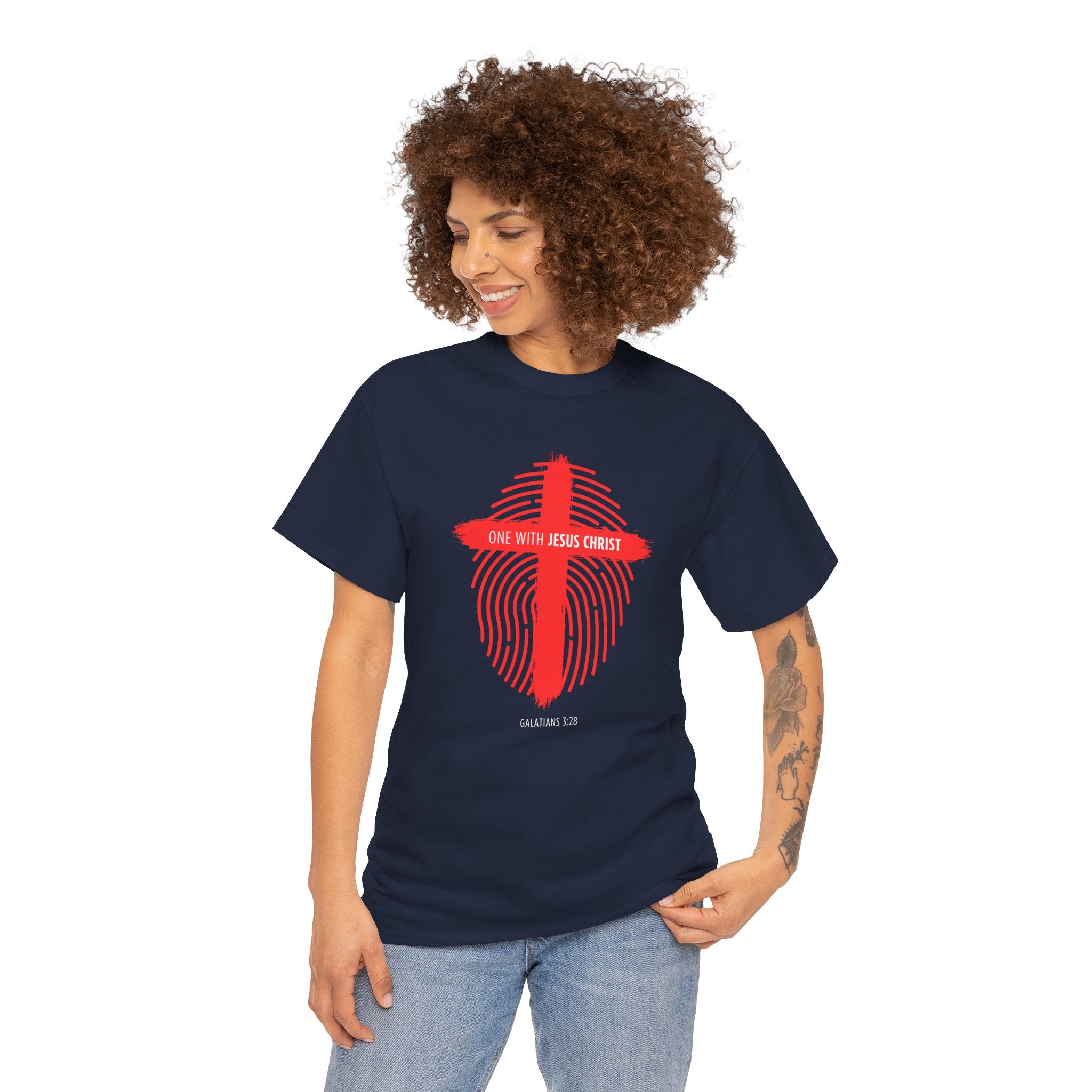 Christian T‑Shirt — "One with Jesus Christ" Red Cross Fingerprint Design