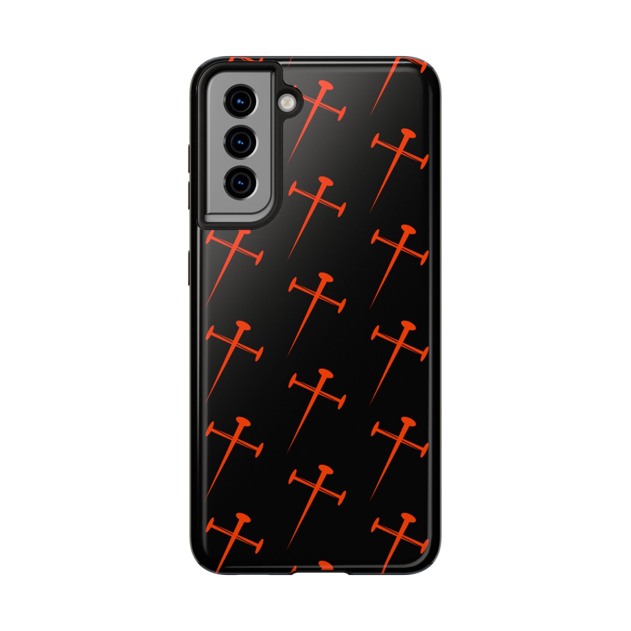 Black Tough Phone Case with Orange Nail Cross Pattern