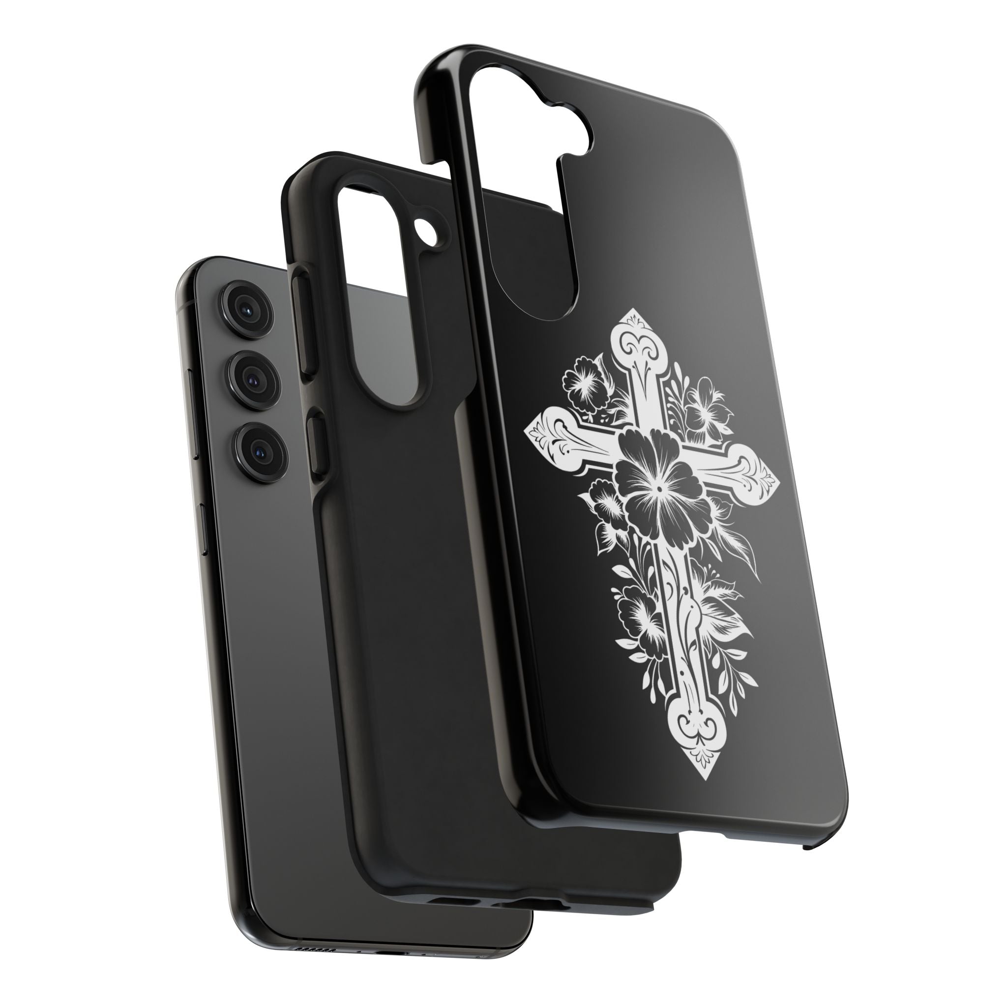 Floral Cross Tough Phone Case — Black Protective Christian Phone Cover