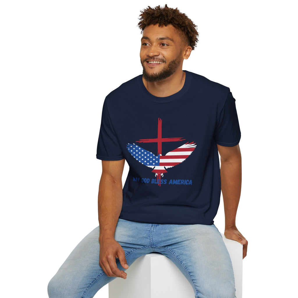 Patriotic Eagle T-Shirt — "May God Bless America" Flag Cross Graphic