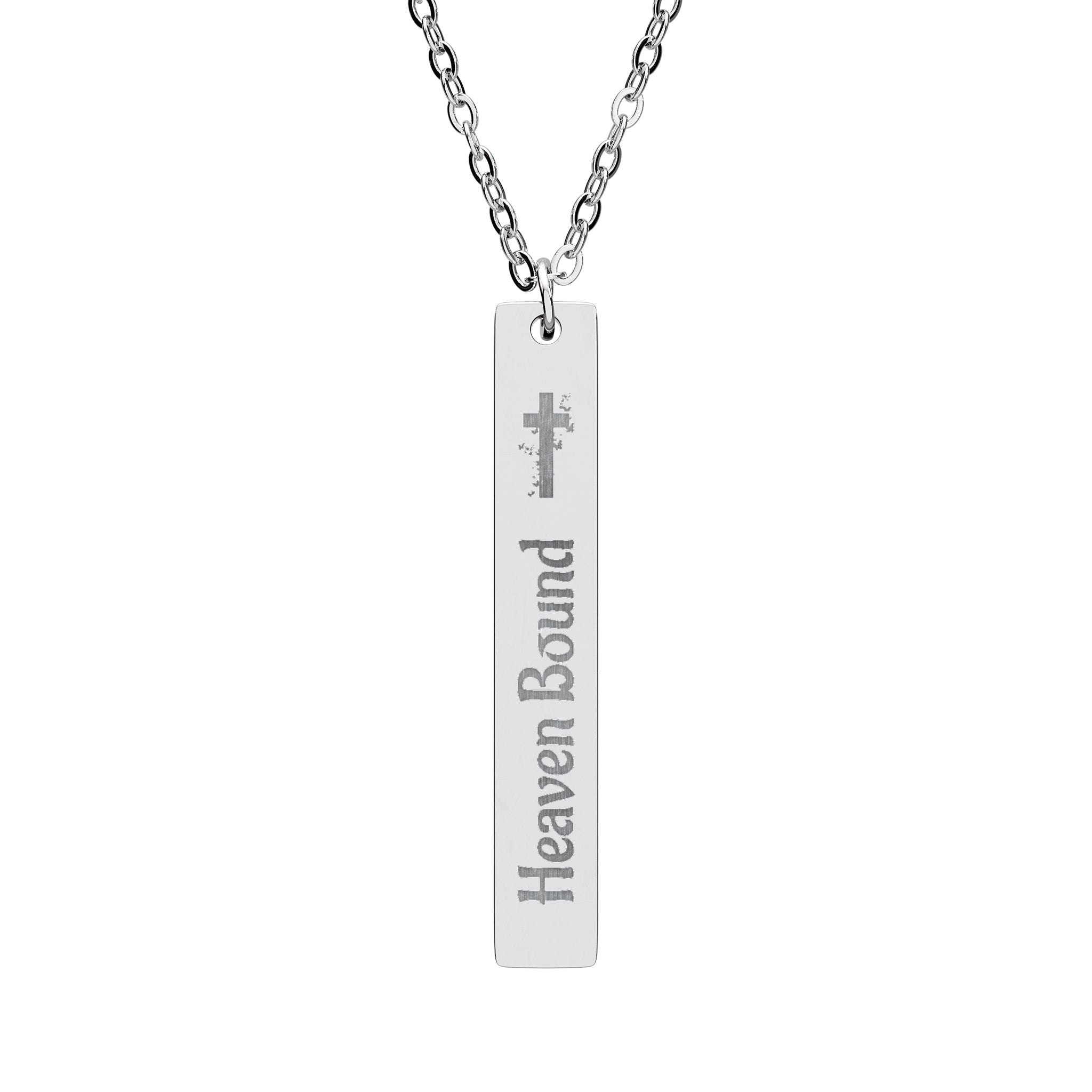 Heaven Bound Engraved Vertical Bar Necklace — Cross Pendant Stainless Steel
