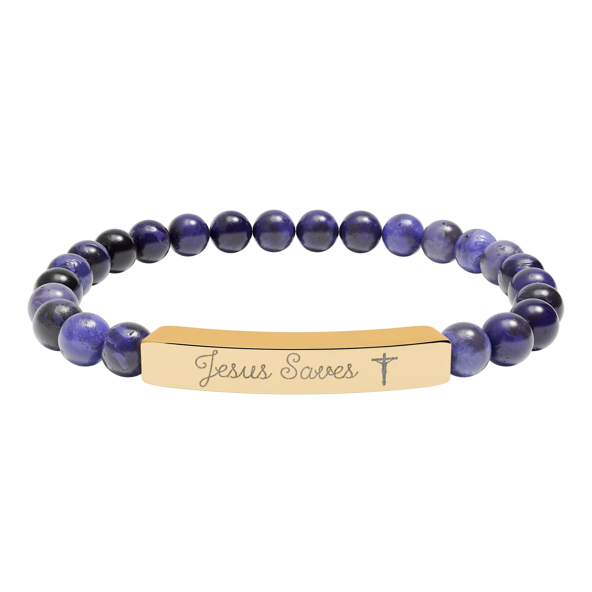 Engraved Natural Stone Stretch Bracelet — Personalized Bar Bead Bracelet ("Jesus Loves")