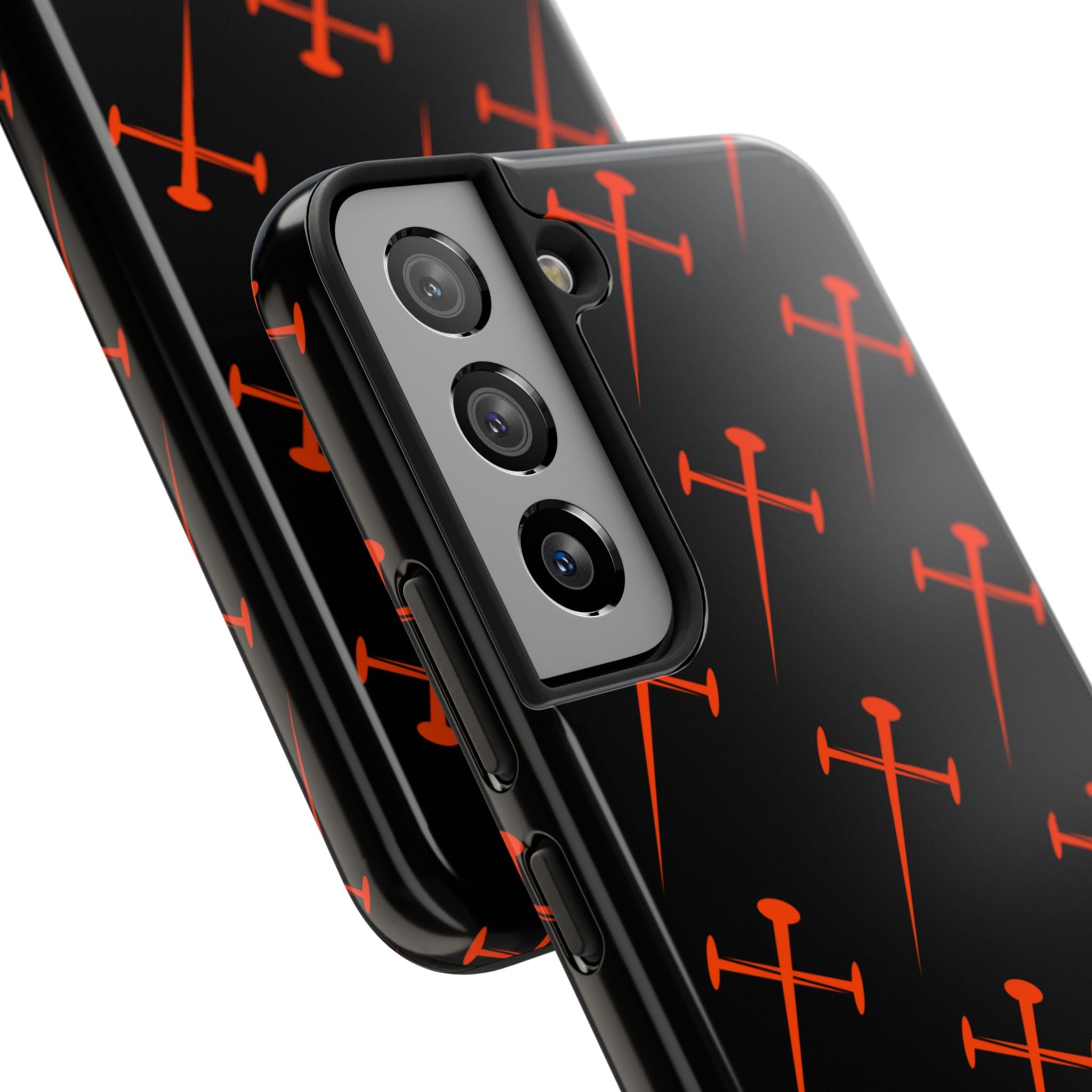 Black Tough Phone Case with Orange Nail Cross Pattern