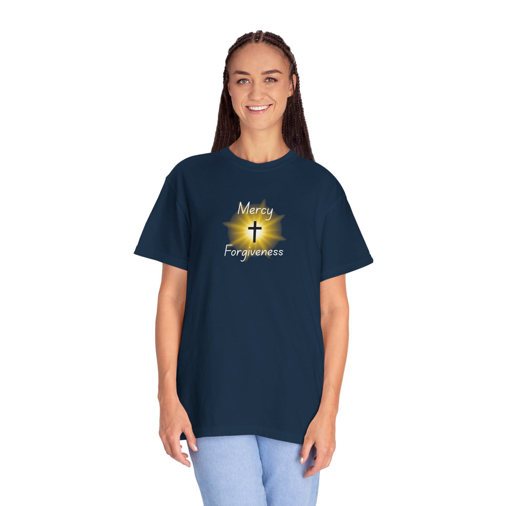 Christian Mercy & Forgiveness T-Shirt — Scripture Cross Back Design