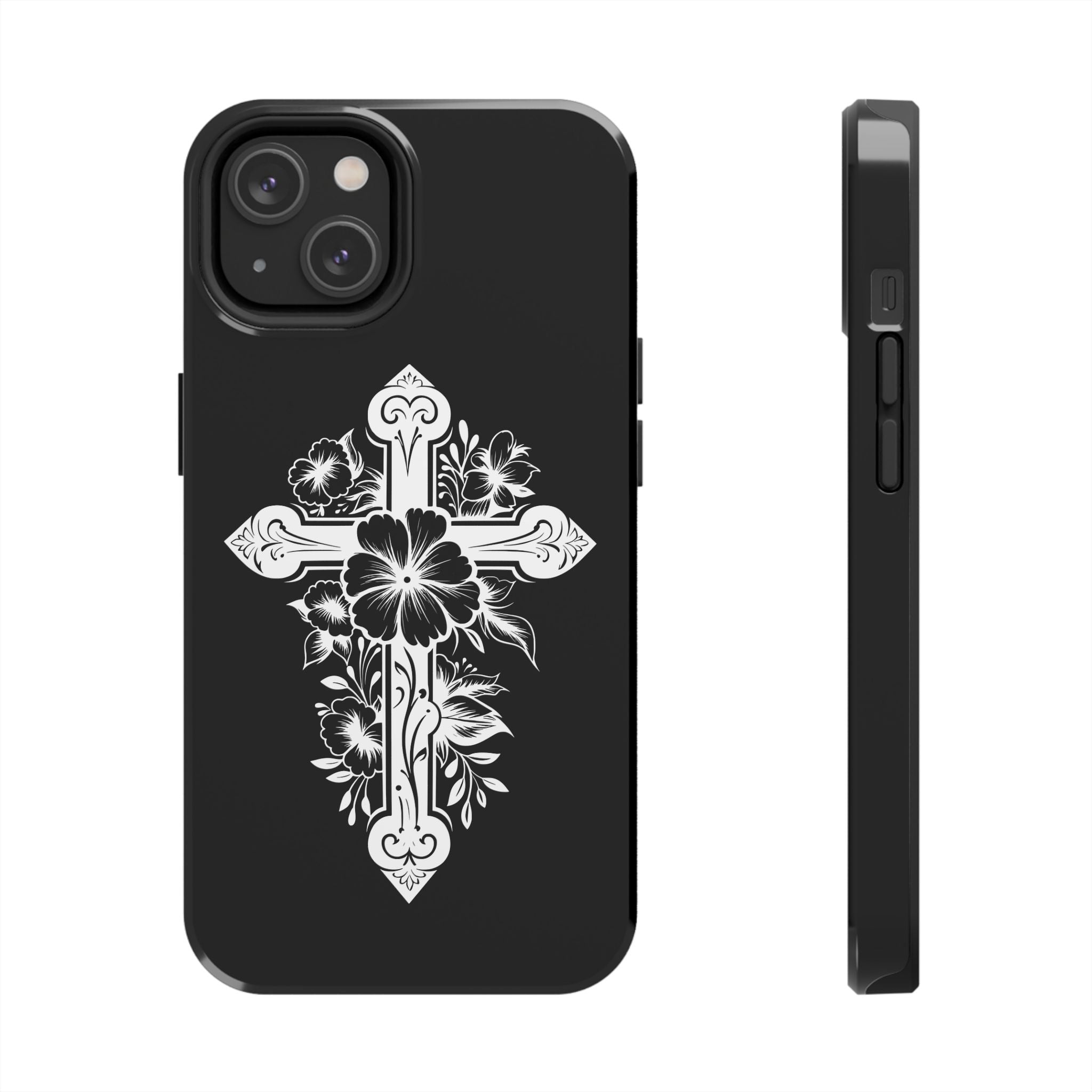 Floral Cross Tough Phone Case — Black Protective Christian Phone Cover