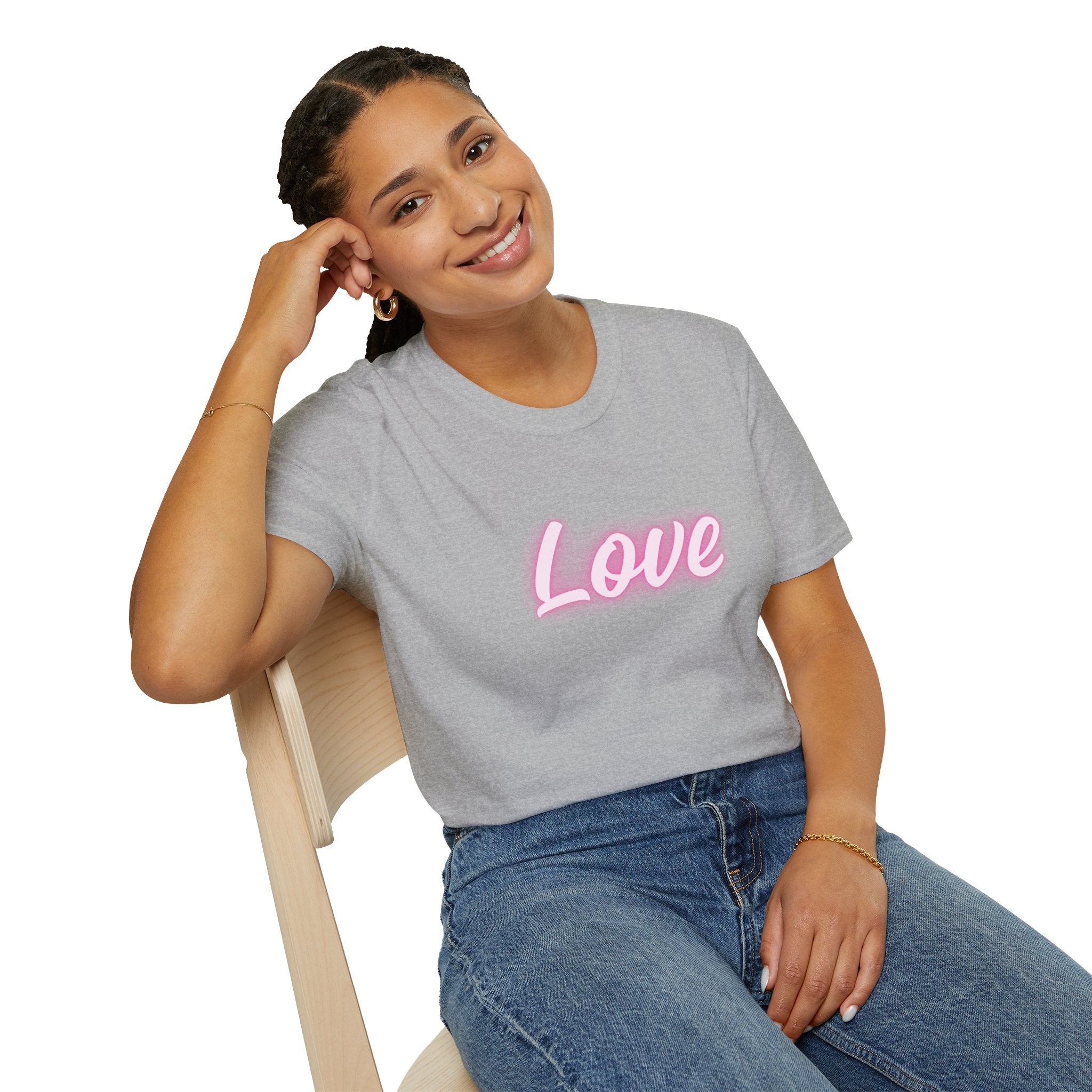 Love Script T-Shirt — Pink Neon "Love" Graphic with Scripture Back