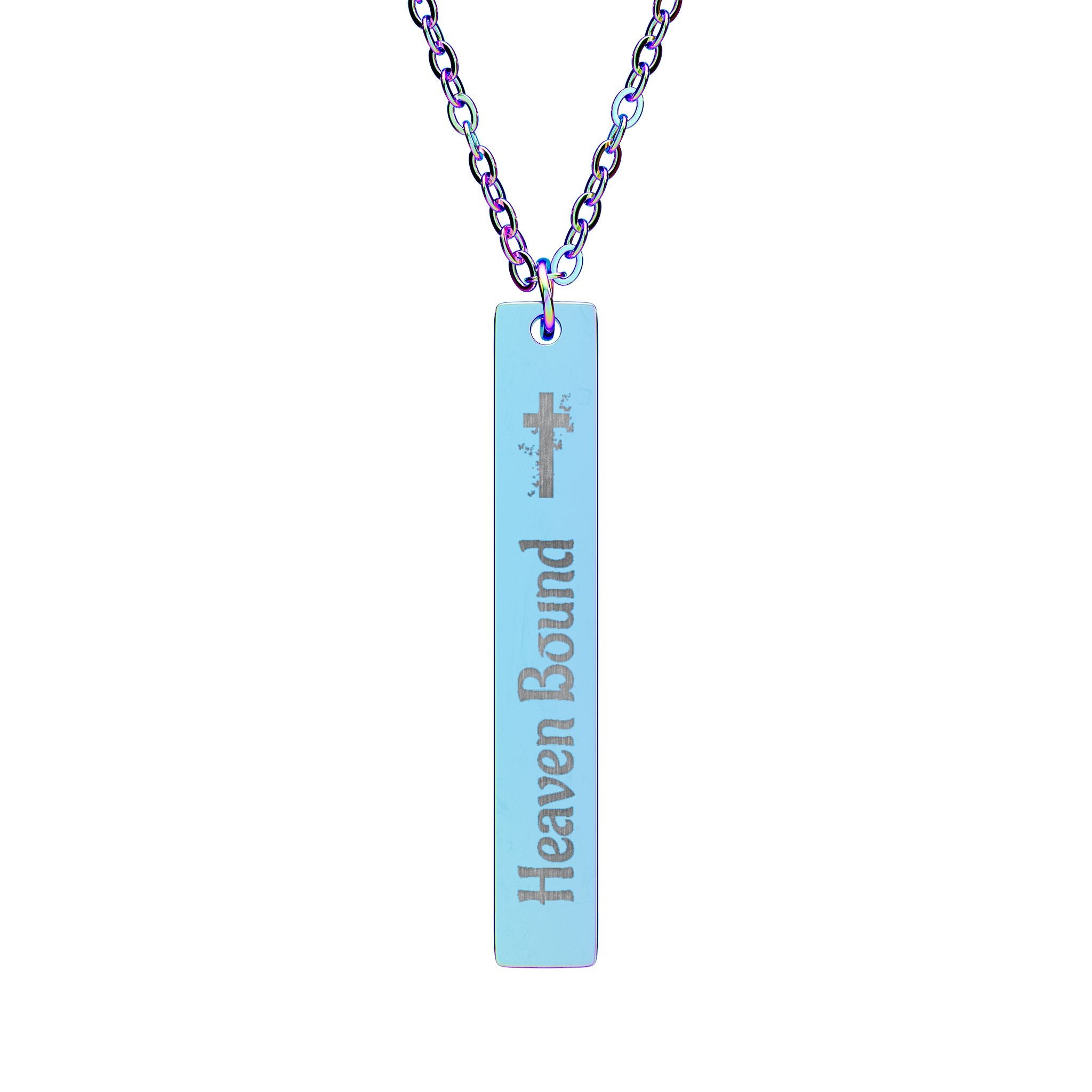 Heaven Bound Engraved Vertical Bar Necklace — Cross Pendant Stainless Steel
