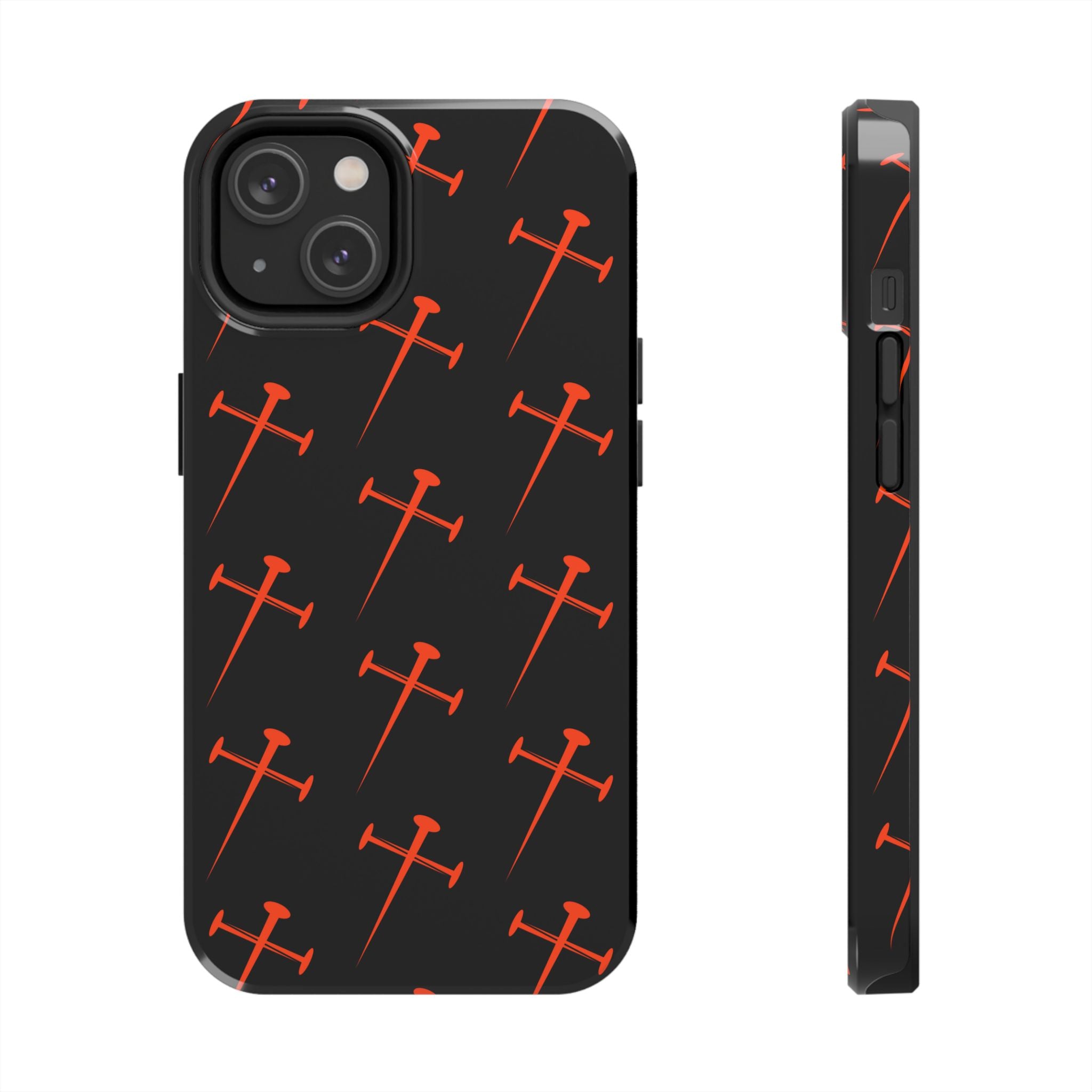 Black Tough Phone Case with Orange Nail Cross Pattern