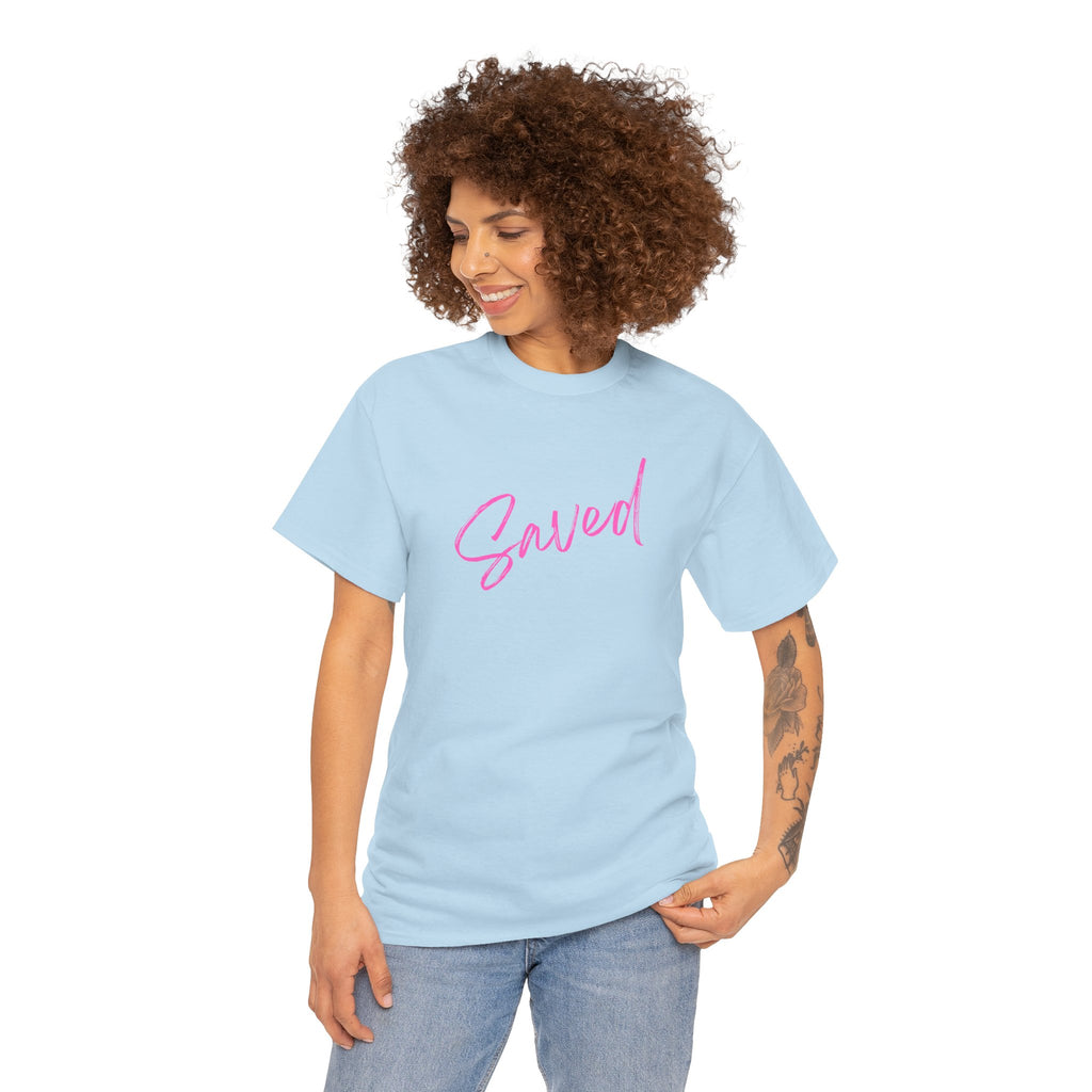 Saved T‑Shirt — Pink Script Faith Tee with Inspiring Back Verse