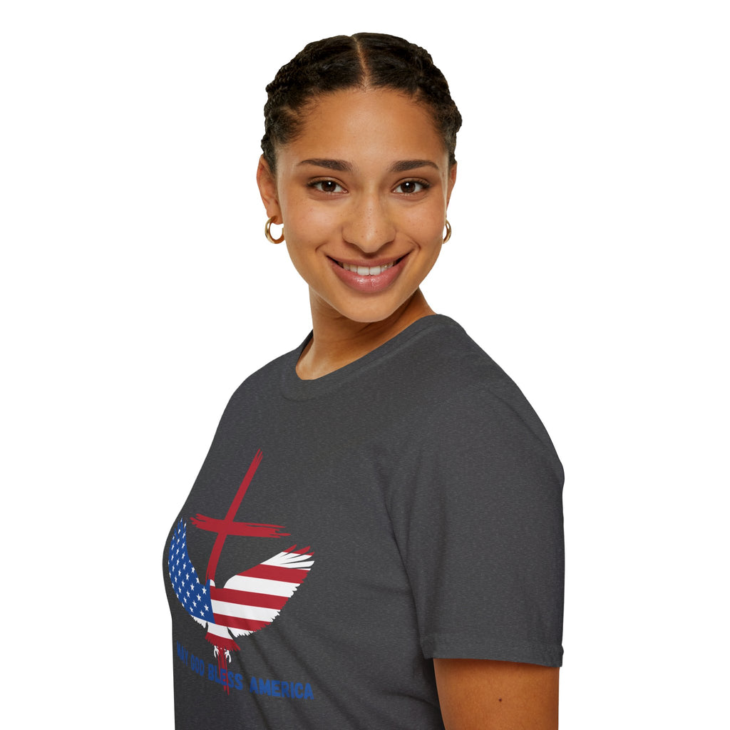 Patriotic Eagle T-Shirt — "May God Bless America" Flag Cross Graphic