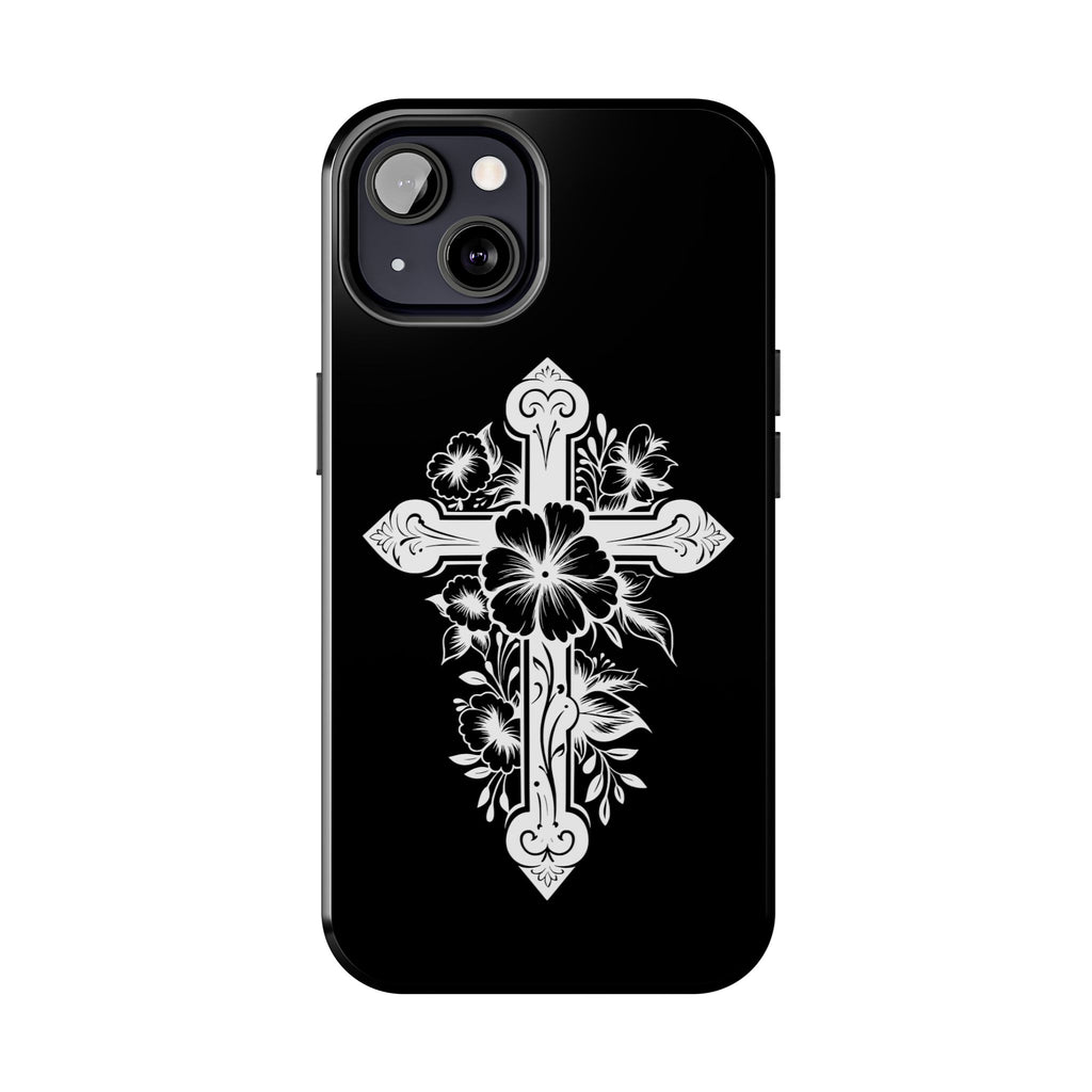 Floral Cross Tough Phone Case — Black Protective Christian Phone Cover