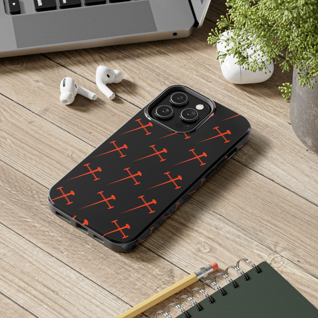 Black Tough Phone Case with Orange Nail Cross Pattern