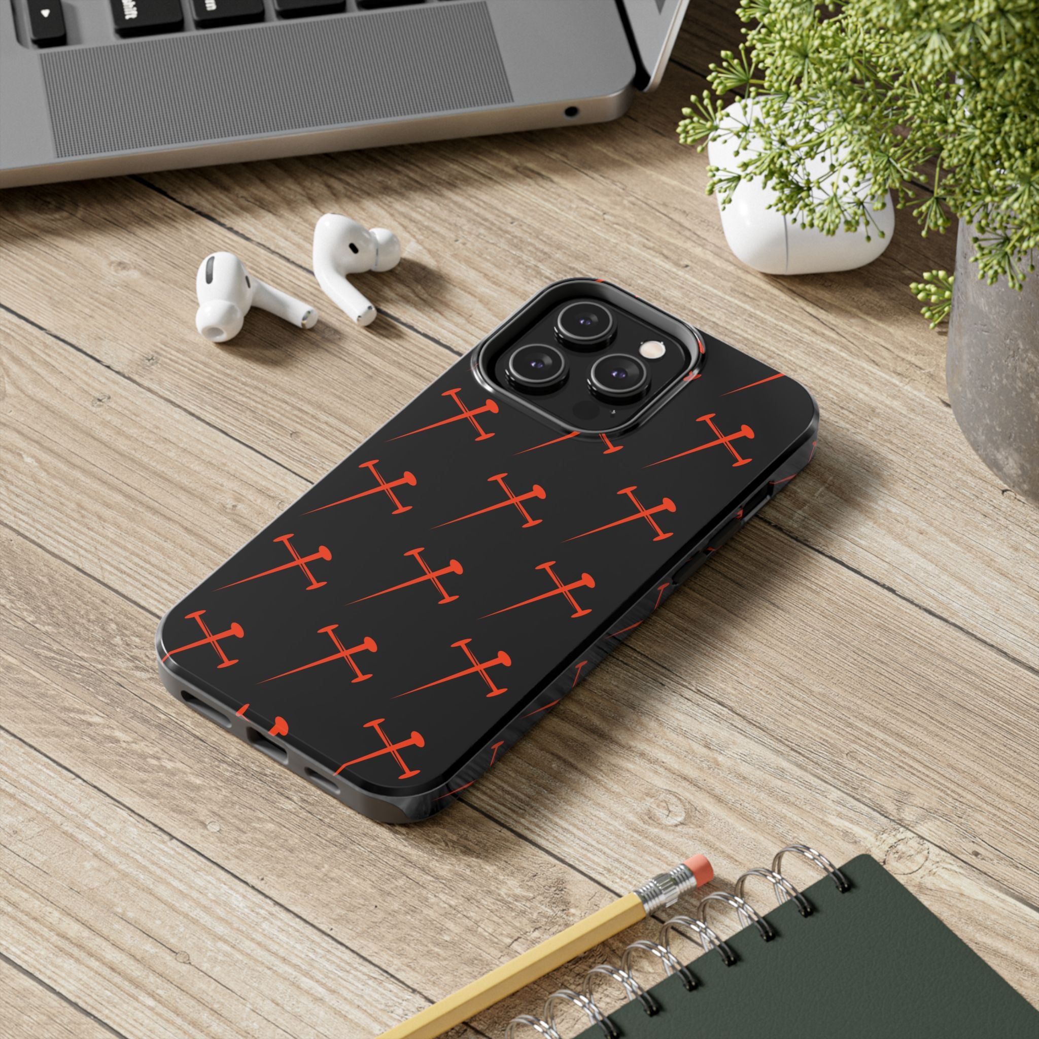 Black Tough Phone Case with Orange Nail Cross Pattern