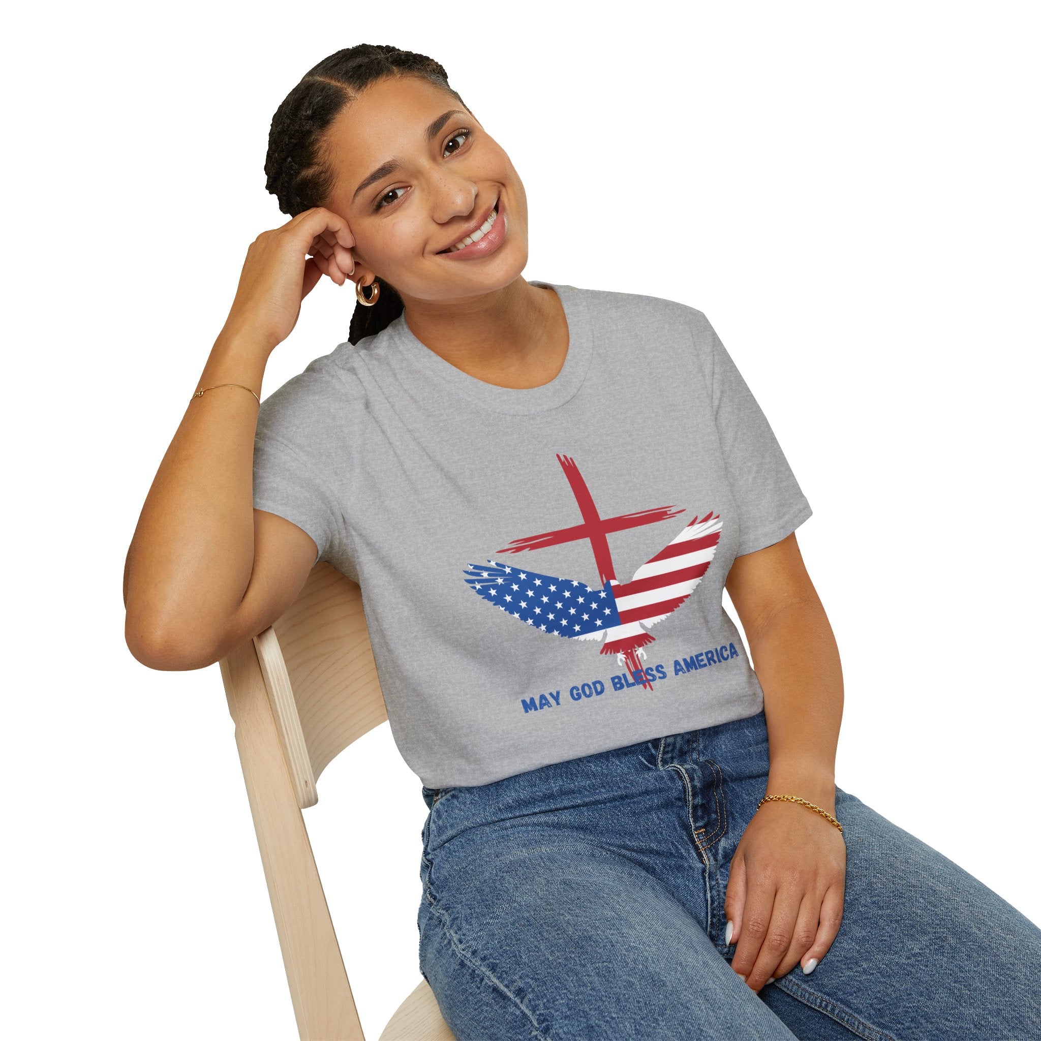 Patriotic Eagle T-Shirt — "May God Bless America" Flag Cross Graphic