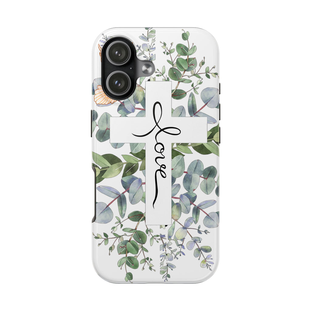 Religious Cross Tough Phone Case — Eucalyptus Floral "Love" Design