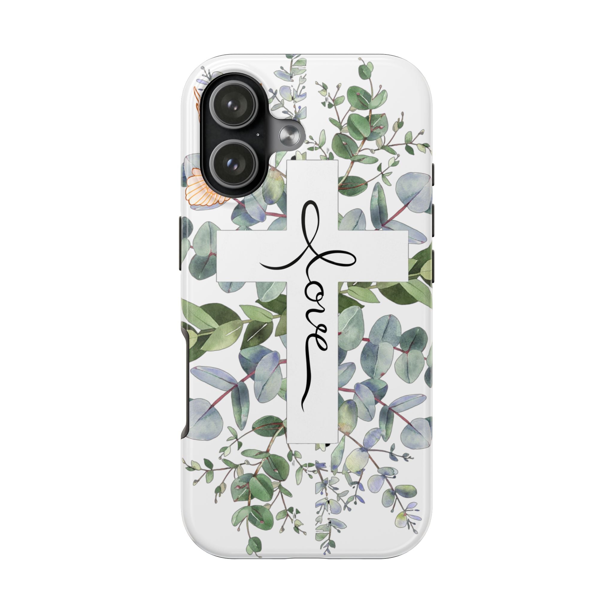 Religious Cross Tough Phone Case — Eucalyptus Floral "Love" Design