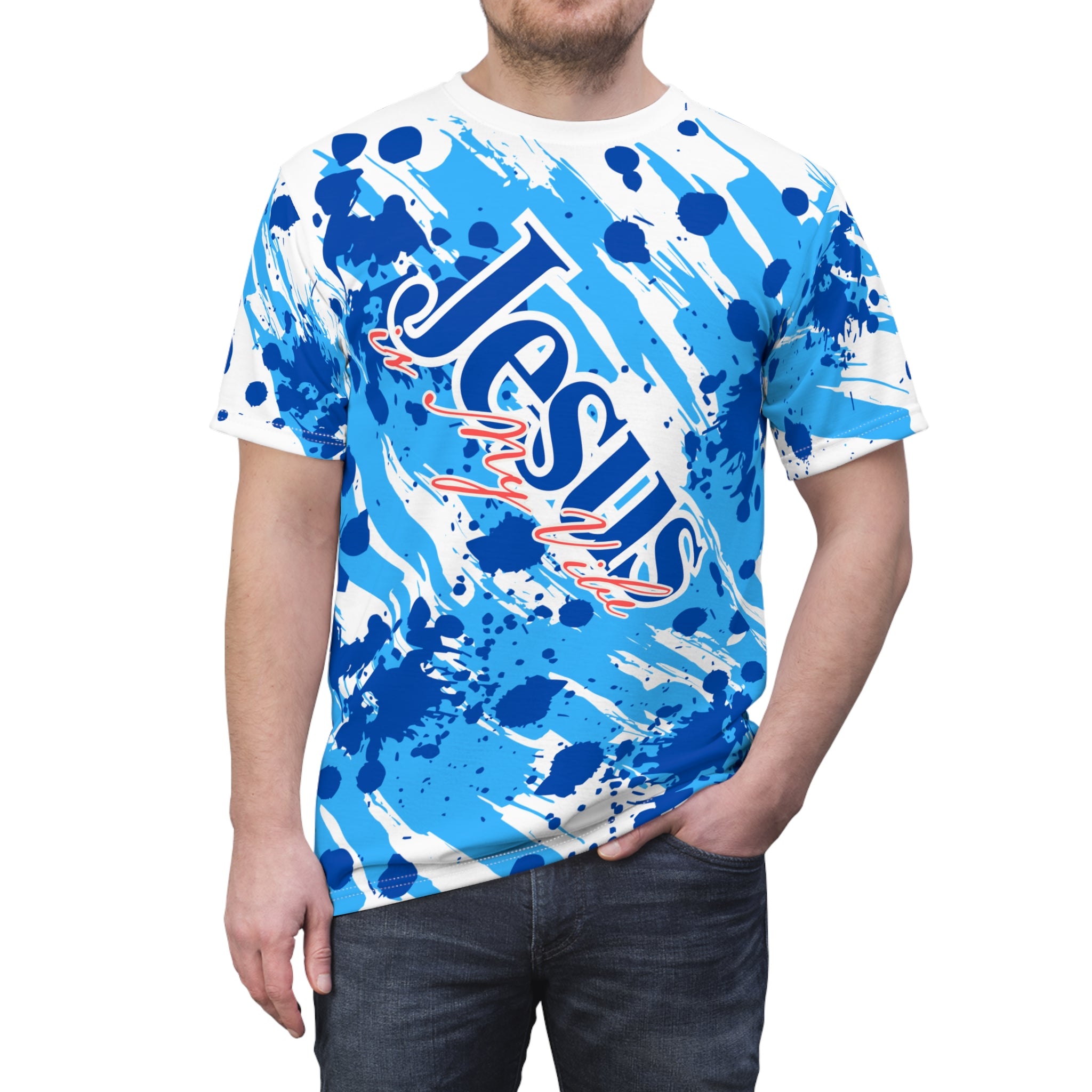 Jesus is My Vibe Splash Graphic Tee — Blue All-Over Print Christian Shirt