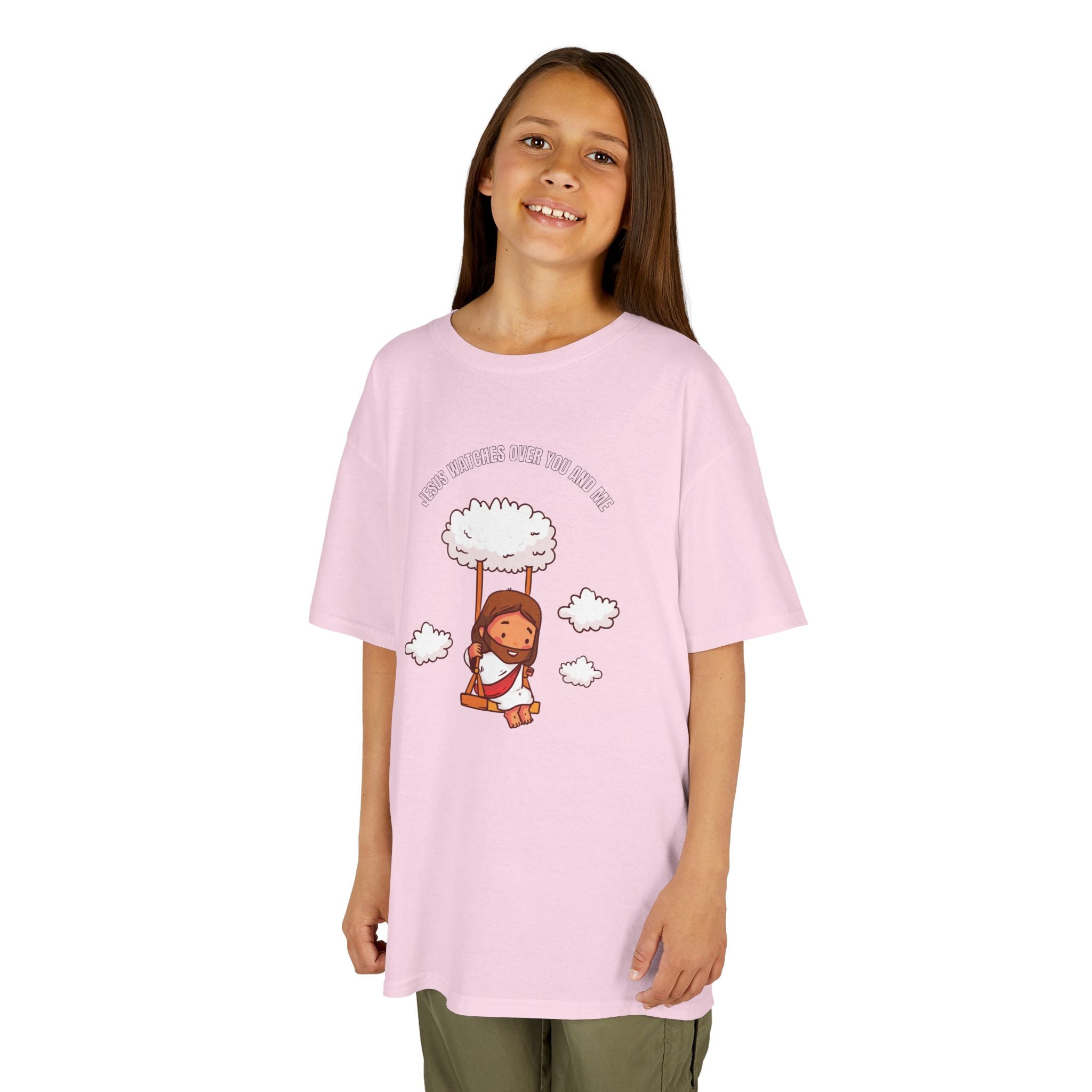 Kids Tee — Cute Jesus on Swing Under Cloud "Jesus Watches Over You and Me"