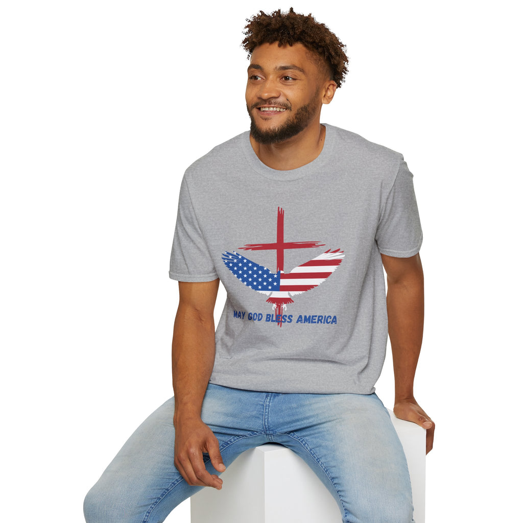 Patriotic Eagle T-Shirt — "May God Bless America" Flag Cross Graphic