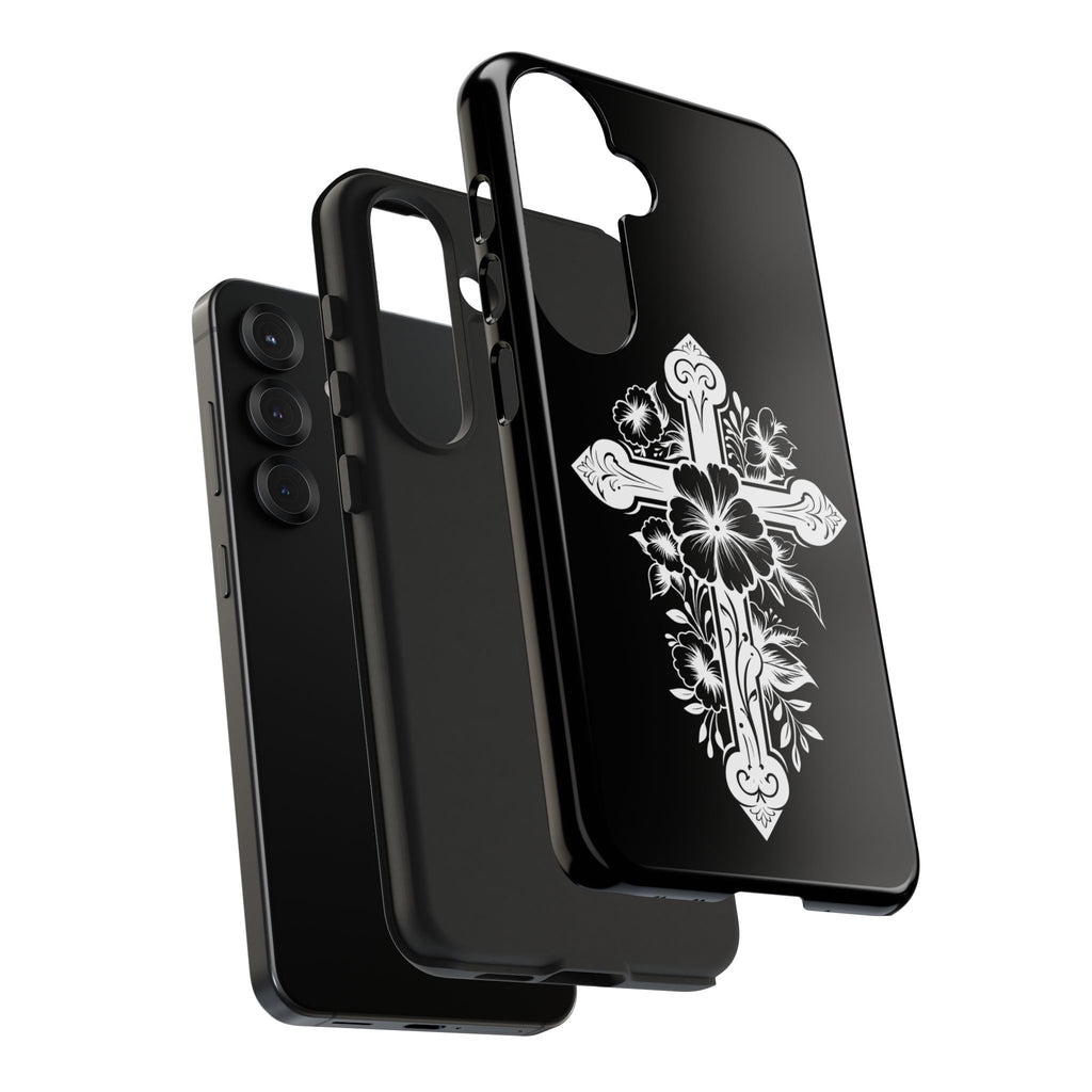 Floral Cross Tough Phone Case — Black Protective Christian Phone Cover