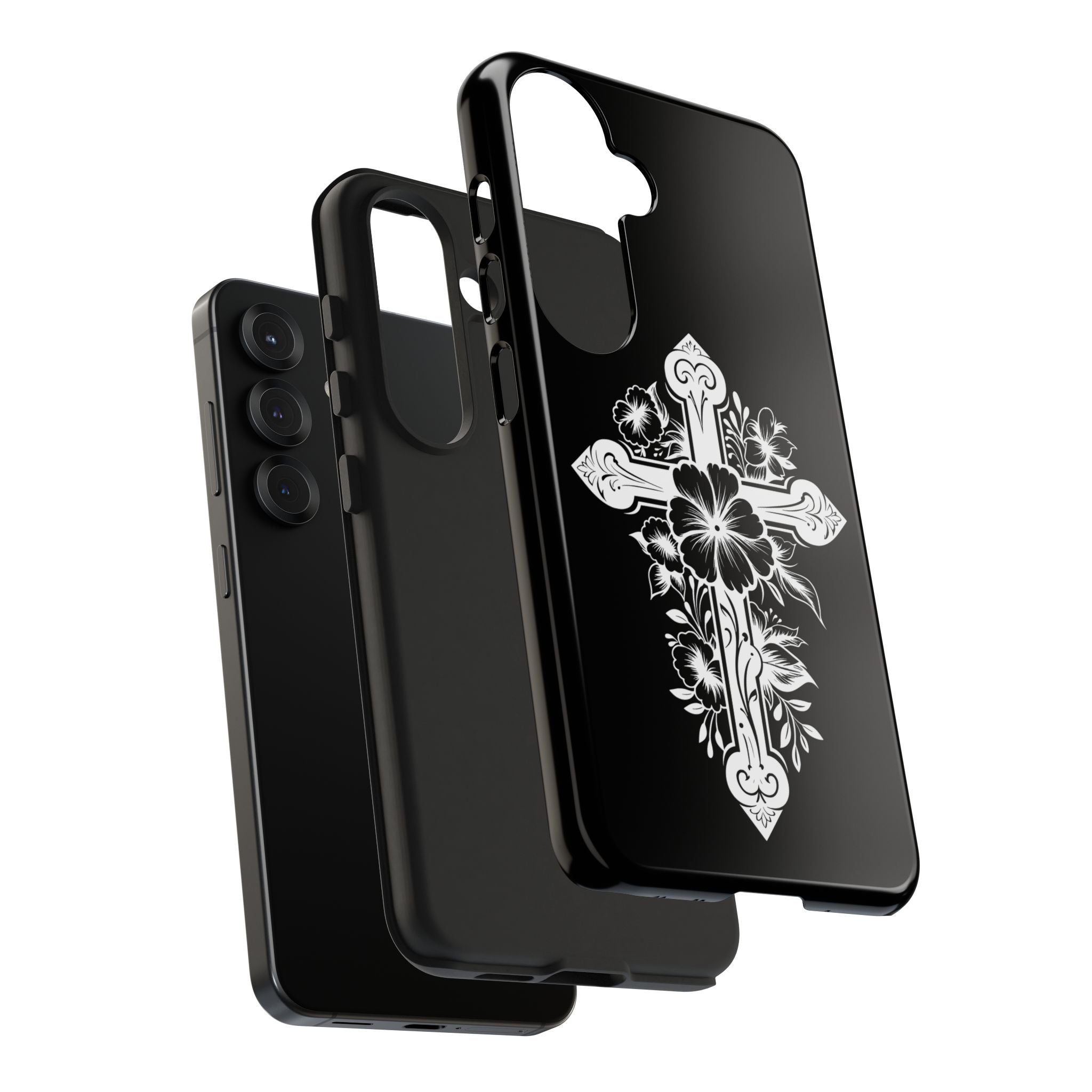 Floral Cross Tough Phone Case — Black Protective Christian Phone Cover