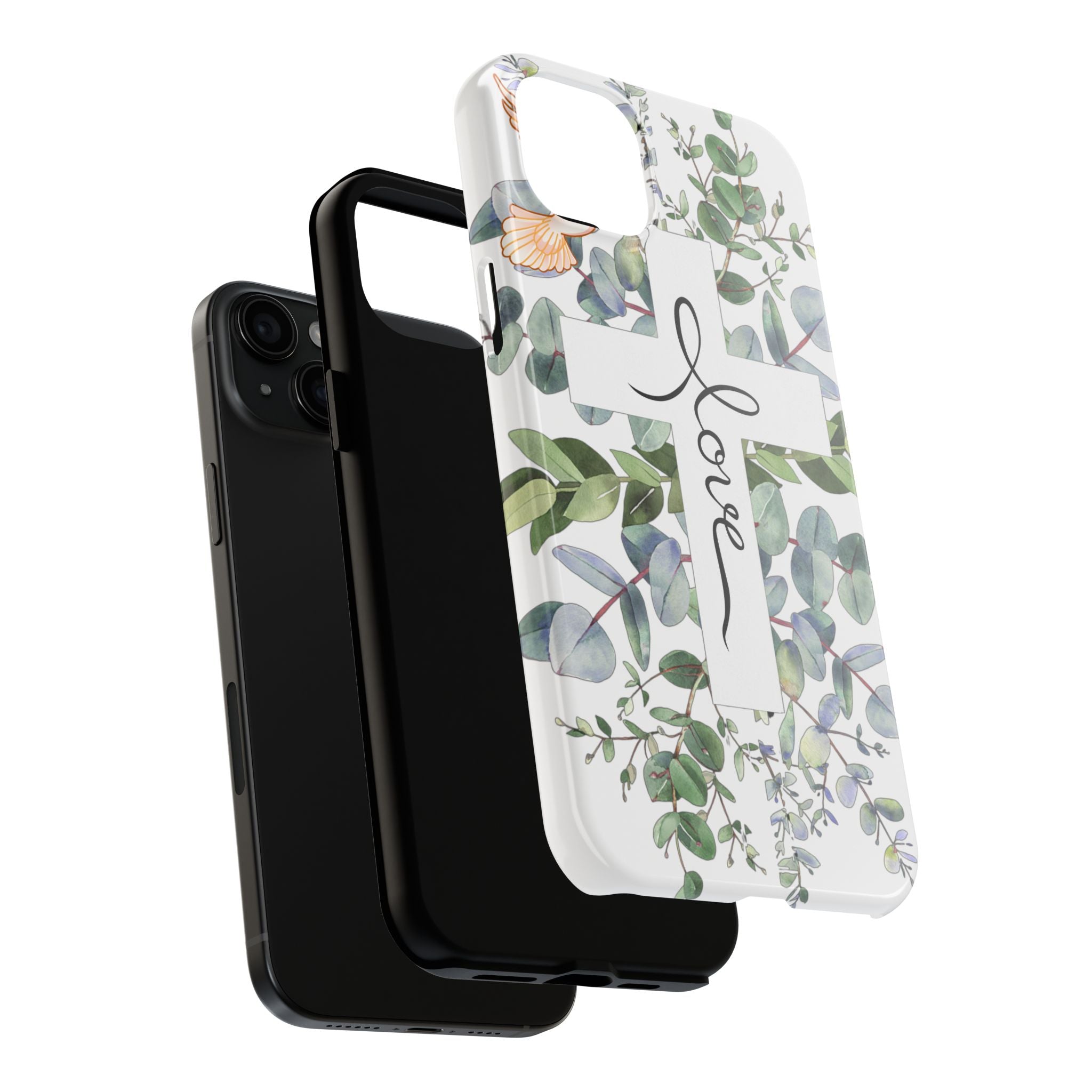 Religious Cross Tough Phone Case — Eucalyptus Floral "Love" Design