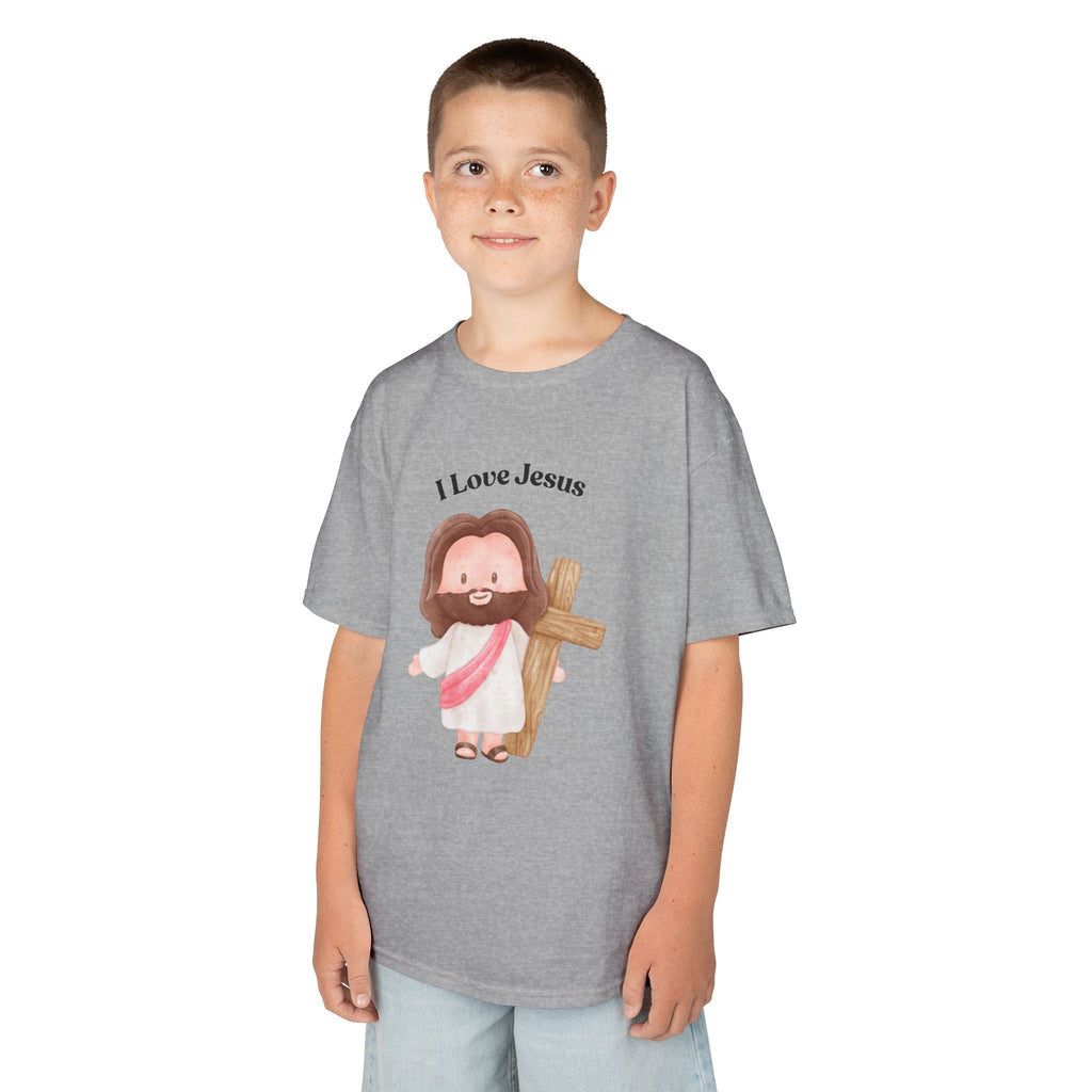 Kids T-Shirt — Cute "I Love Jesus" Cartoon Jesus Holding Cross — Christian Easter Gift for Children