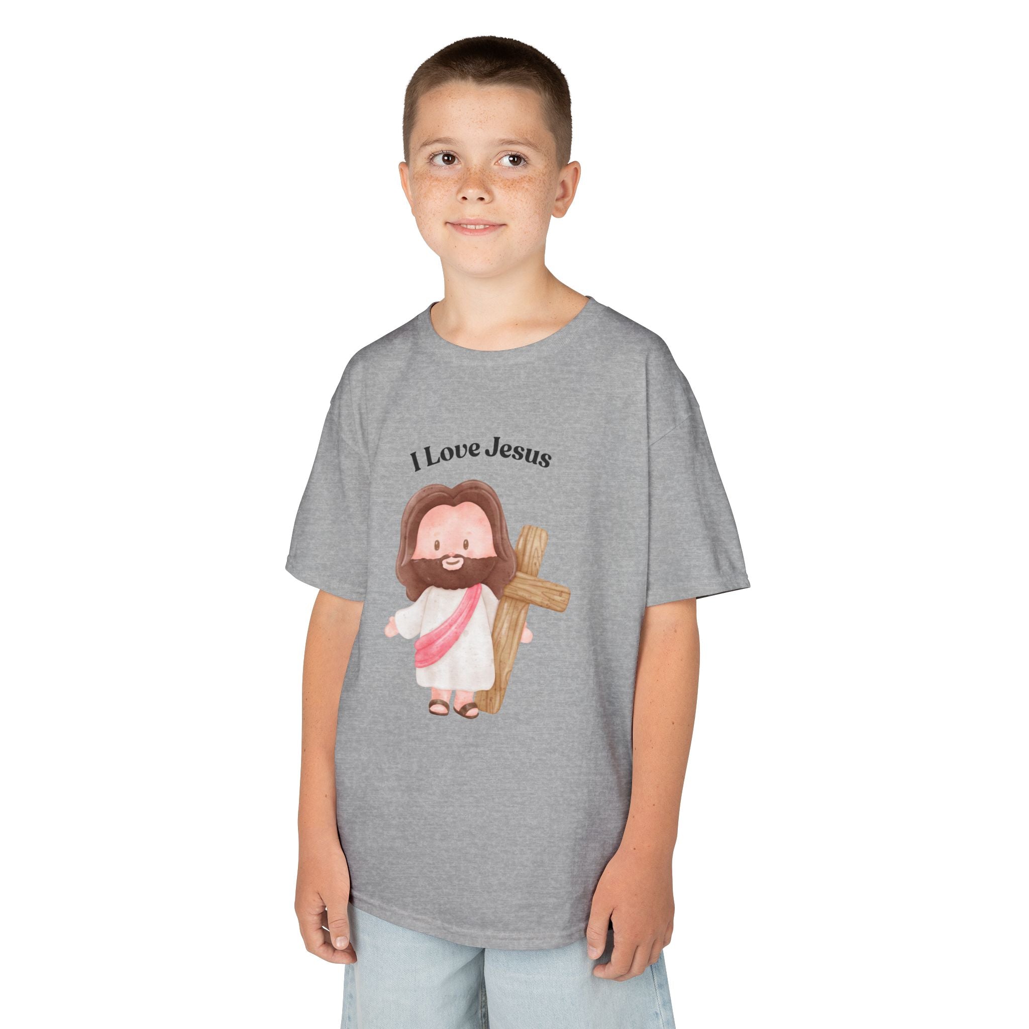 Kids T-Shirt — Cute "I Love Jesus" Cartoon Jesus Holding Cross — Christian Easter Gift for Children