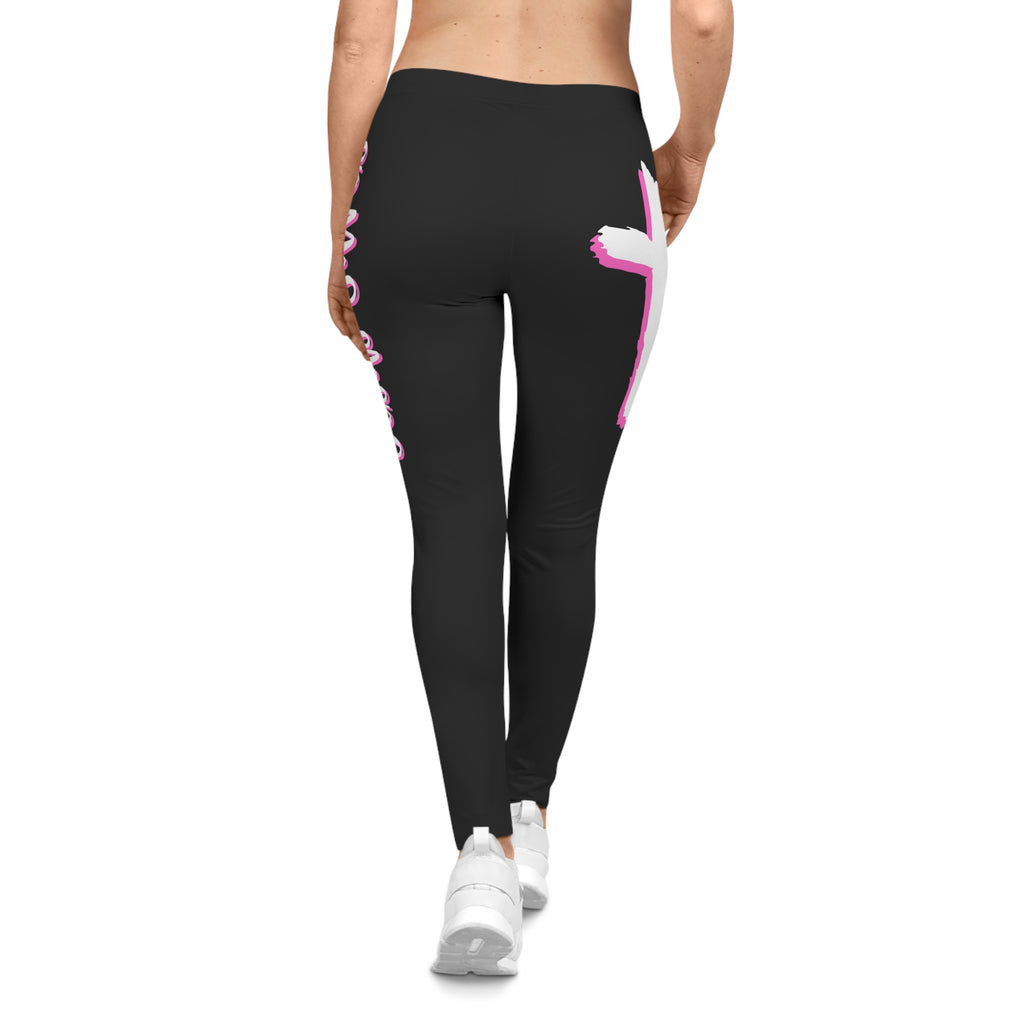 Black Jesus Saves Pink and White Women’s Leggings — Pink Brushstroke
