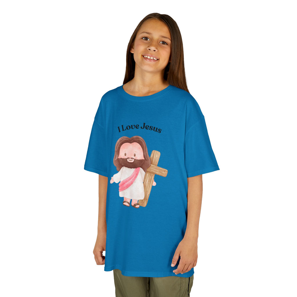 Kids T-Shirt — Cute "I Love Jesus" Cartoon Jesus Holding Cross — Christian Easter Gift for Children